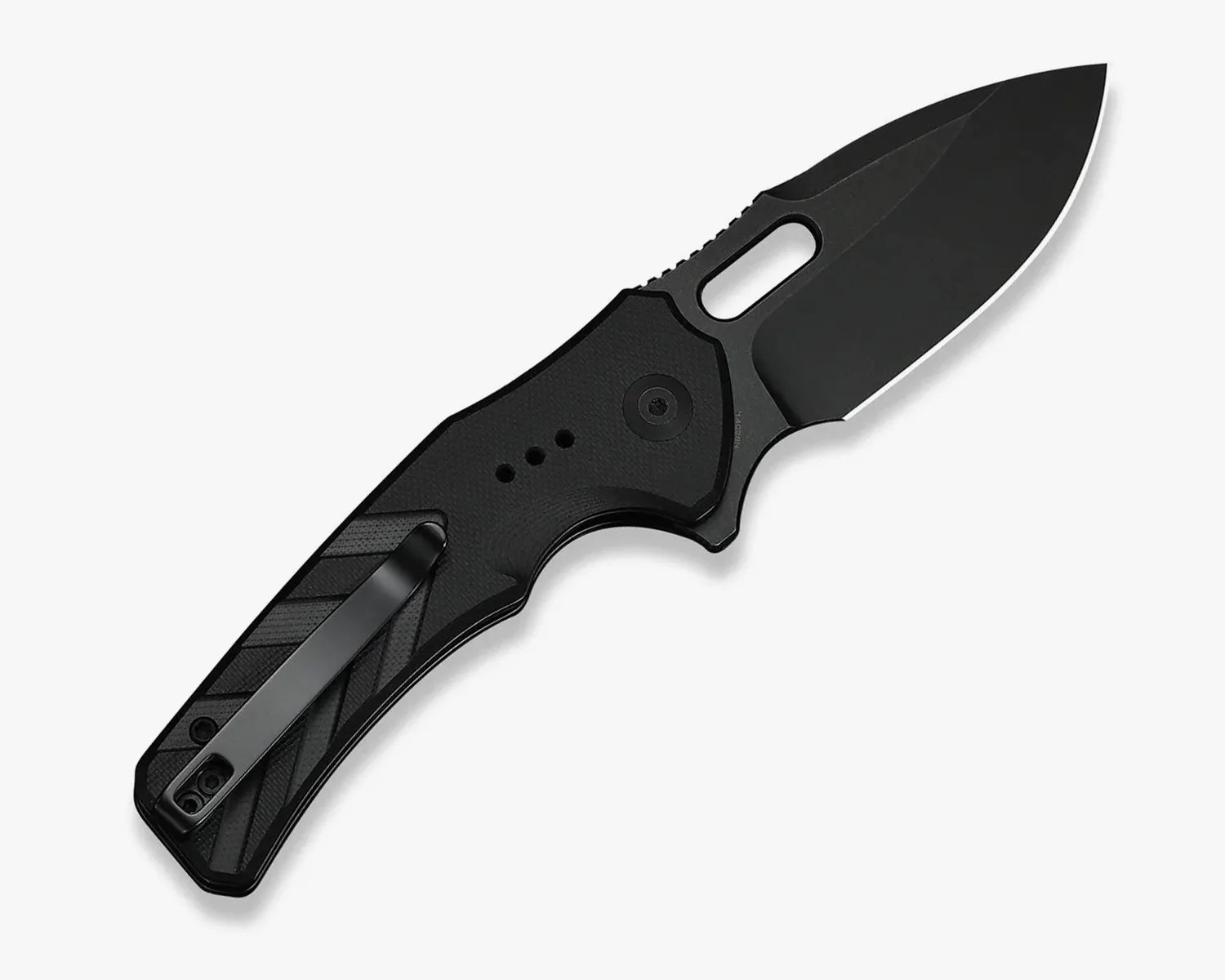 Black folding pocket knife with textured handle and clip on a white background.