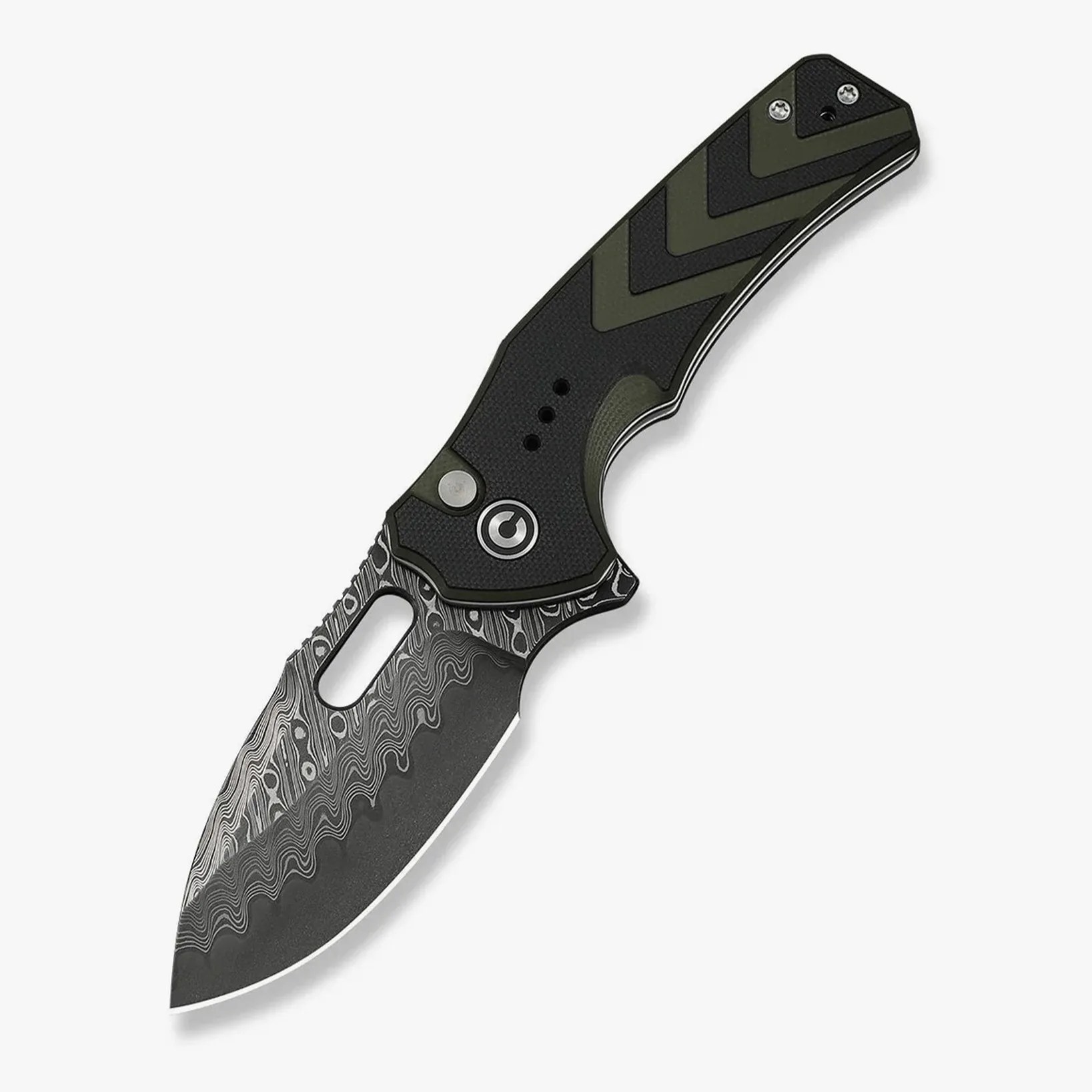 Folding knife with patterned Damascus steel blade and black and olive green textured handle.