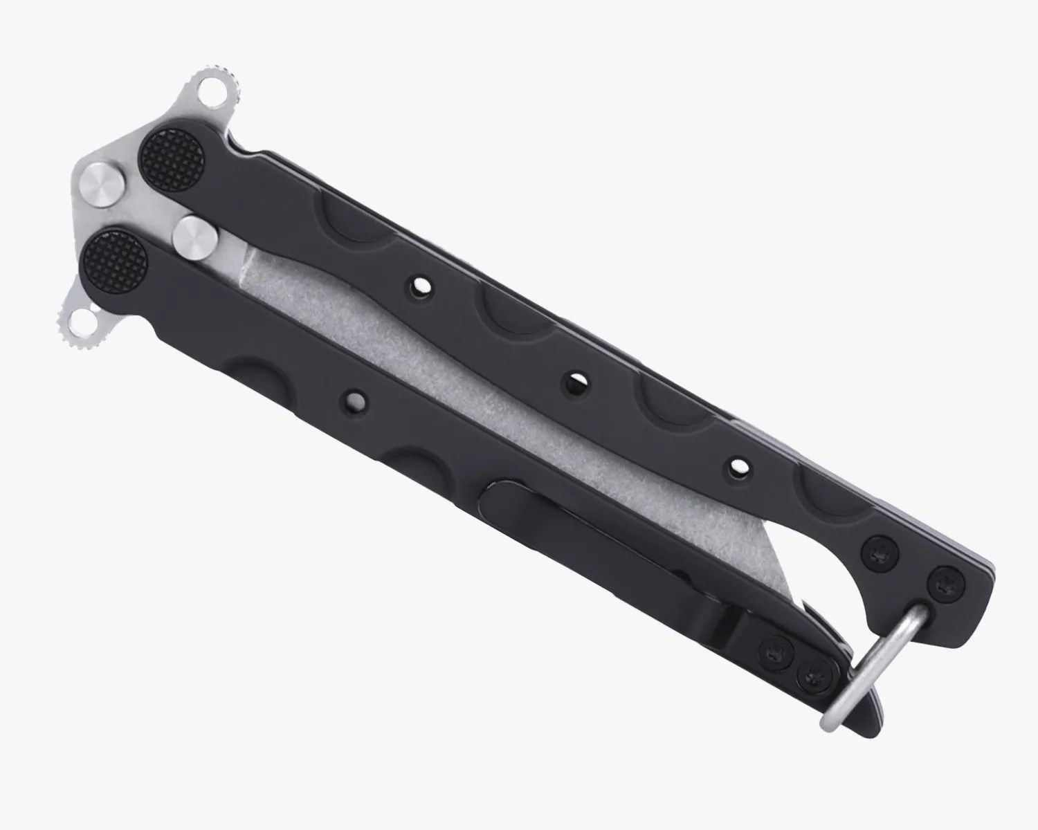 Closed black and silver butterfly knife with textured grip and a pocket clip.