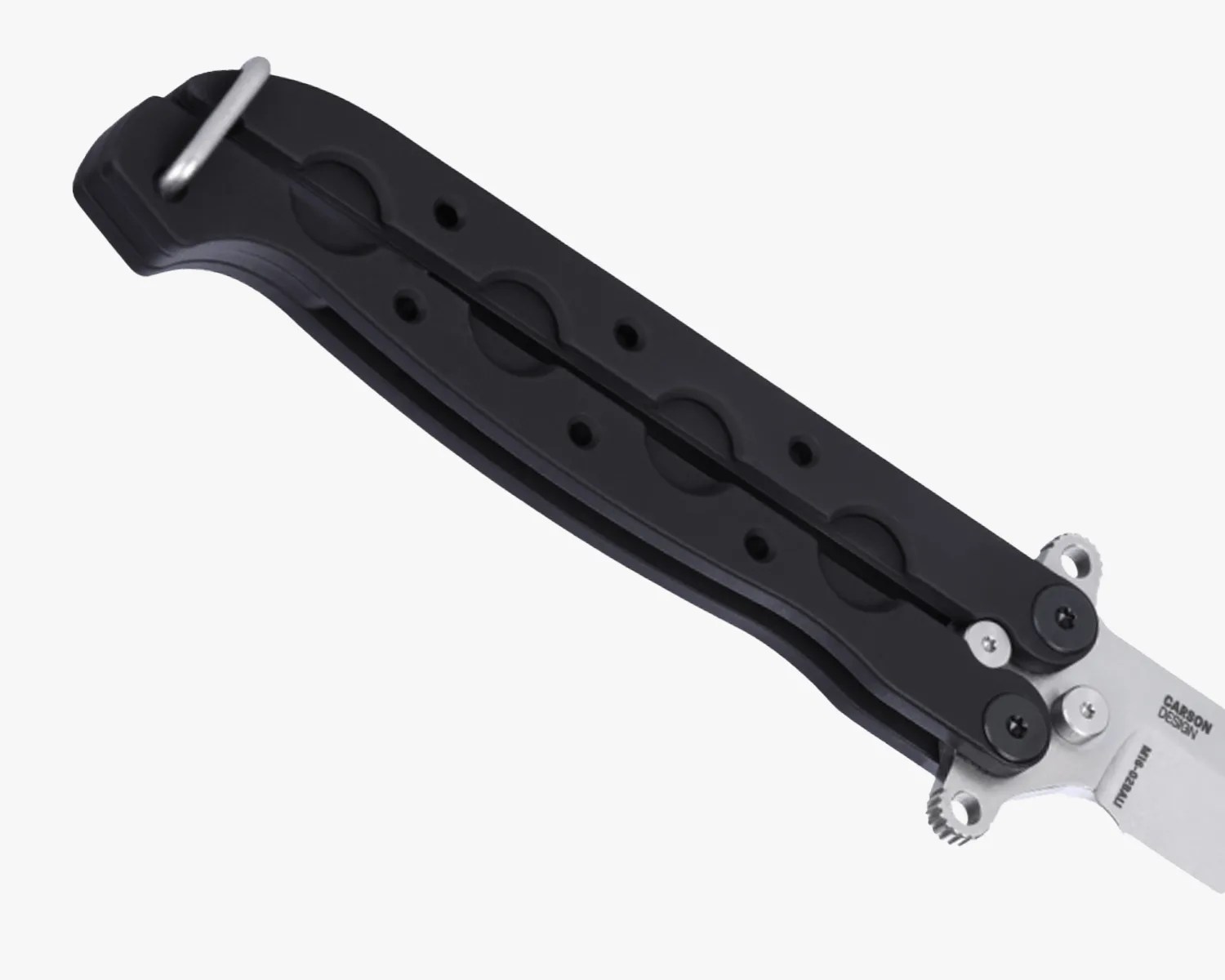 Black butterfly knife handle with circular cutouts and metal screws on a white background.