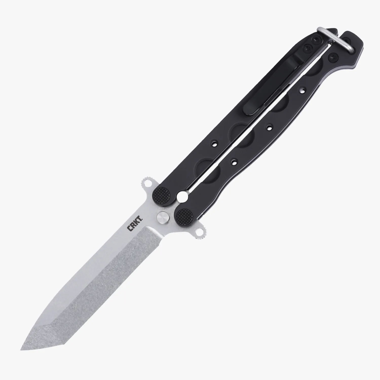 Folding butterfly knife with a stonewashed tanto blade and black metal handles with cutout holes.