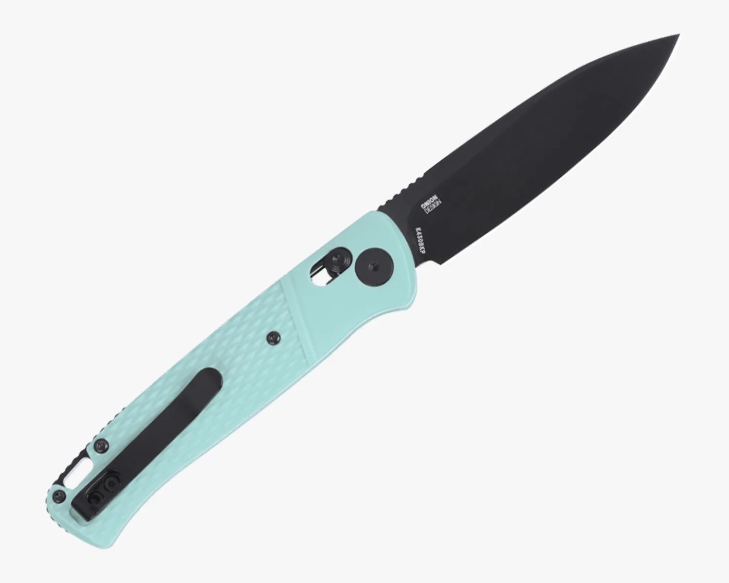 Folding knife with a black blade and textured light blue handle featuring a black pocket clip.