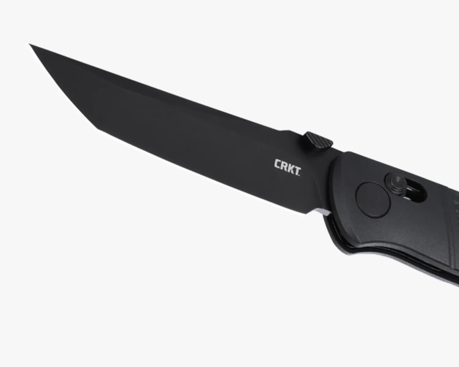Black folding knife with a tanto-style blade and CRKT logo on the blade.