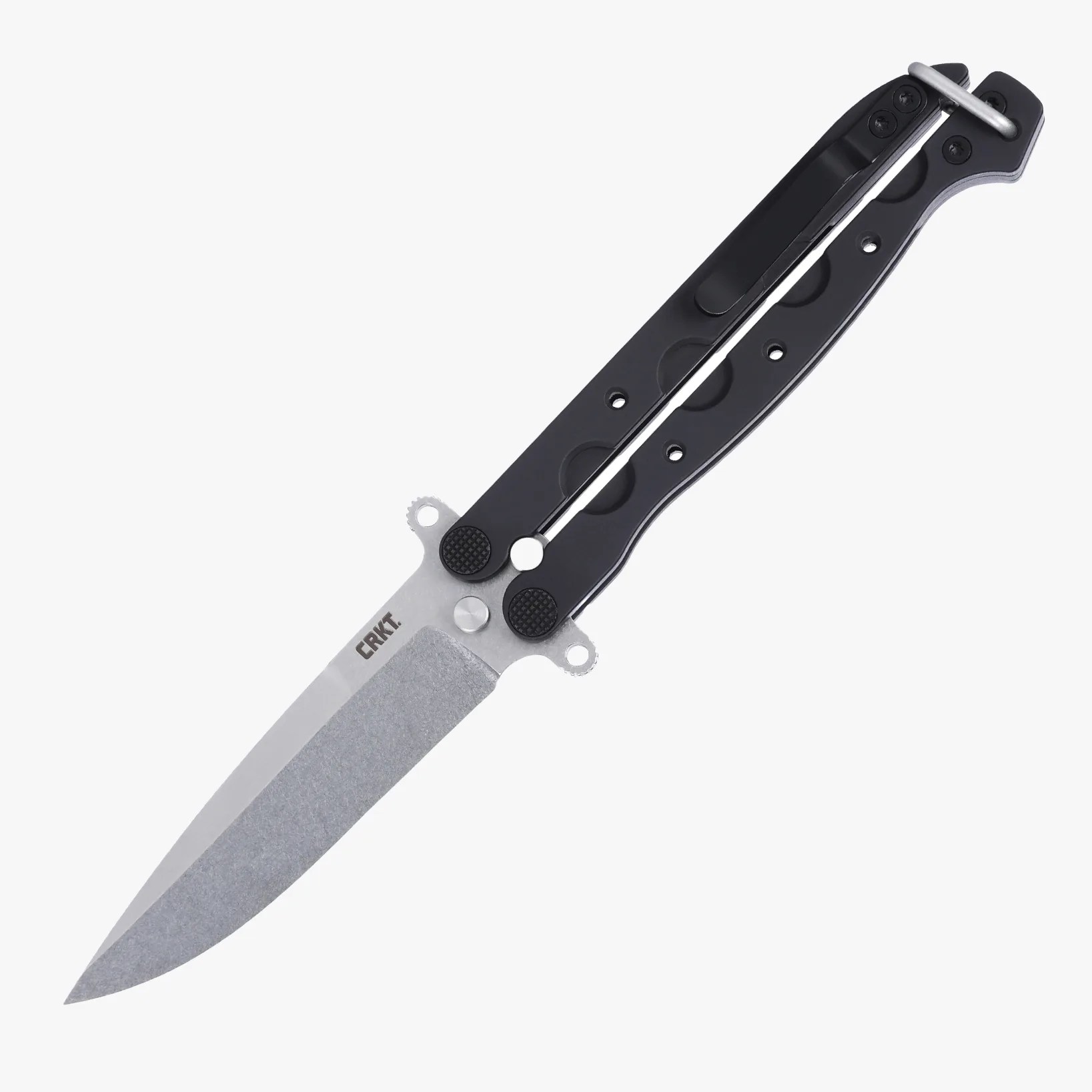 Butterfly knife with a stonewashed silver blade and black handles with circular cutouts.