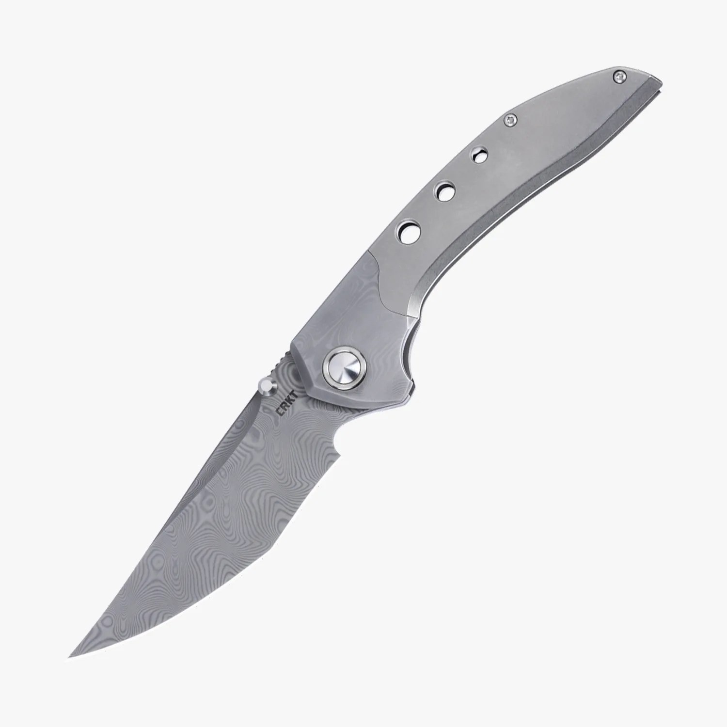Folding knife with a patterned Damascus steel blade and a silver handle with three circular holes.