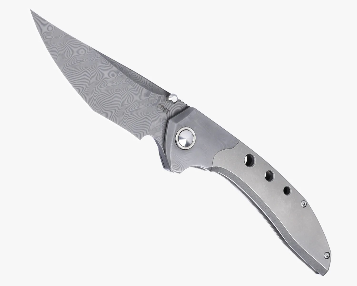 Folding knife with a patterned Damascus steel blade and a silver metal handle featuring three circular holes.