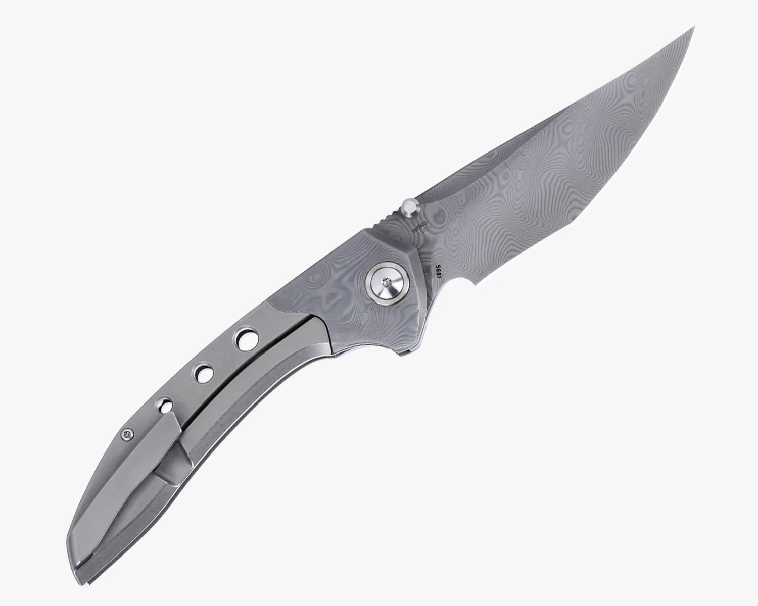 Folding knife with patterned Damascus steel blade and silver metal handle featuring three circular cutouts and a pocket clip.