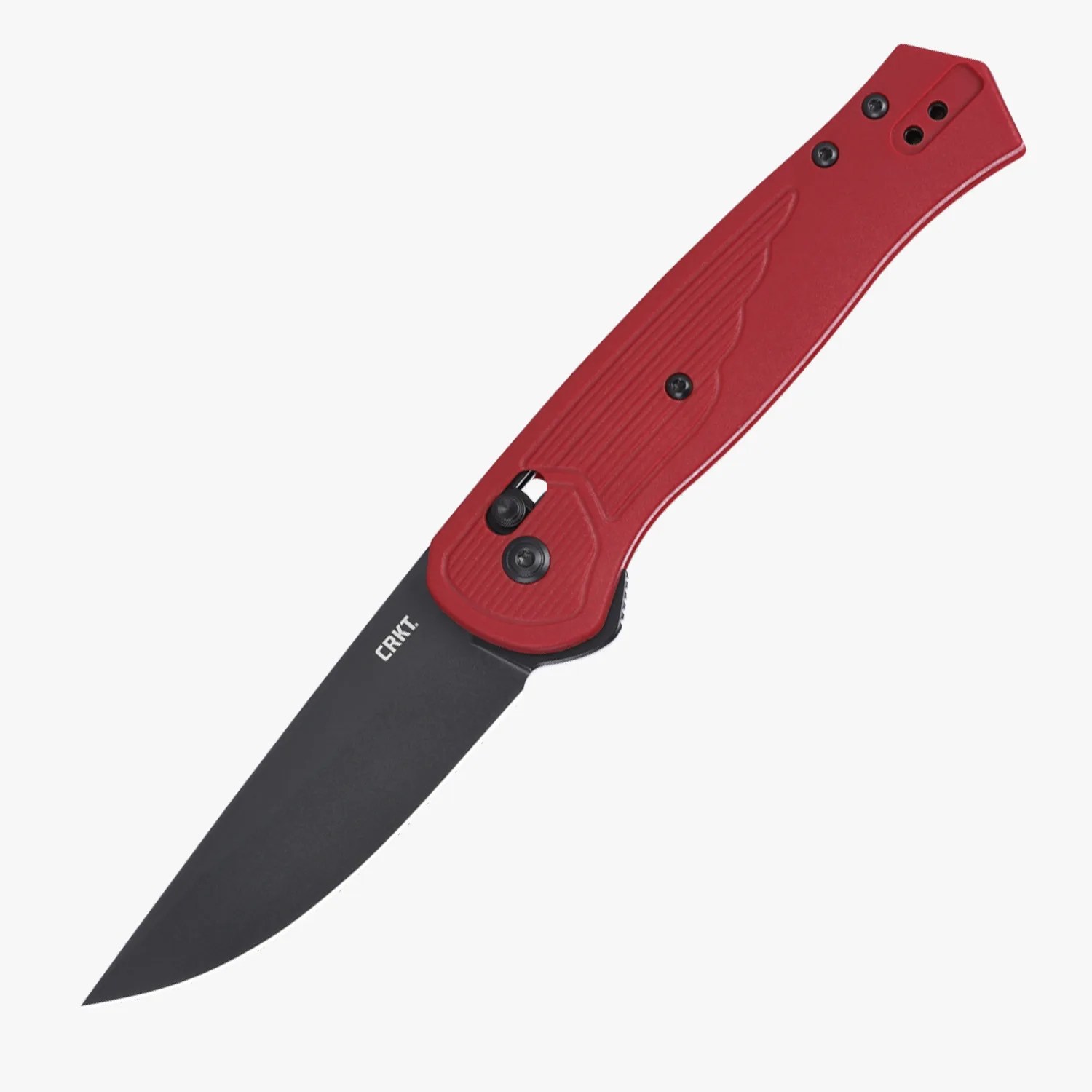 Folding knife with a black blade and a red textured handle featuring a locking mechanism.
