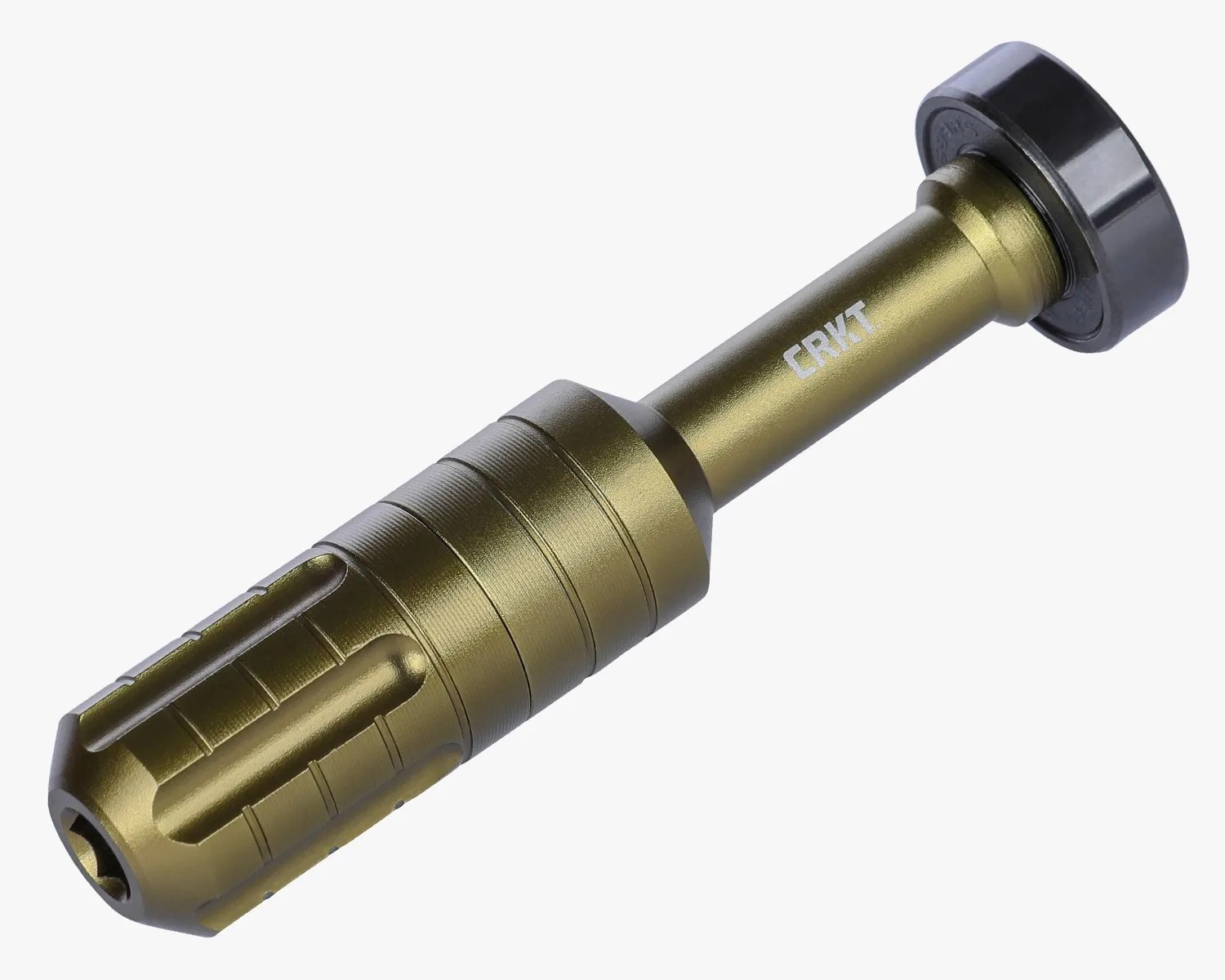 Olive green CRKT branded metal tool with a textured grip and a black circular end cap.