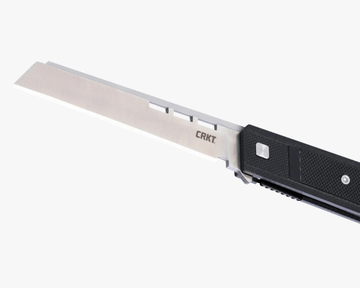 Folding knife with a straight-edged stainless steel blade and black textured handle, branded CRKT.