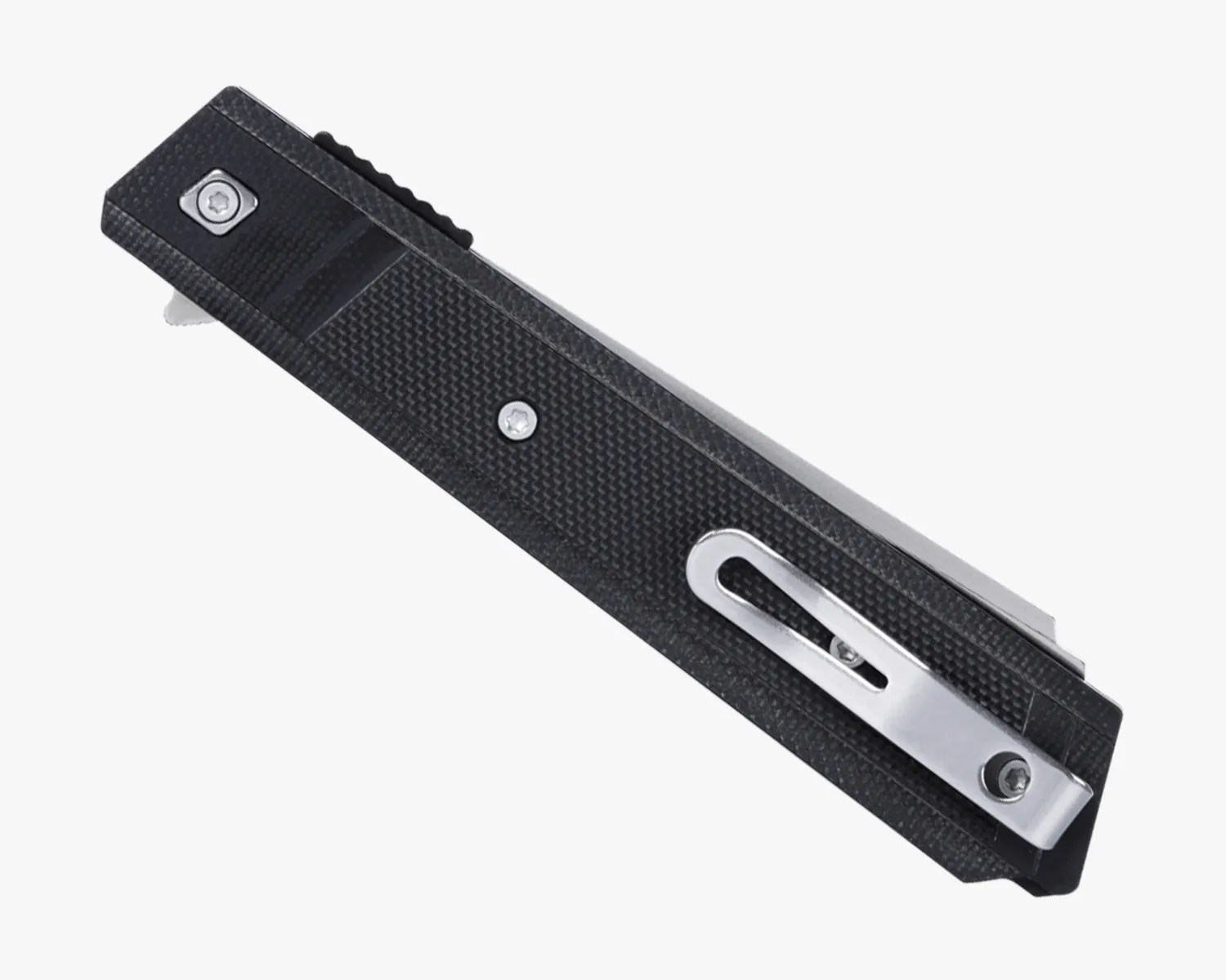 Black textured folding knife handle with a silver metal pocket clip and screws.