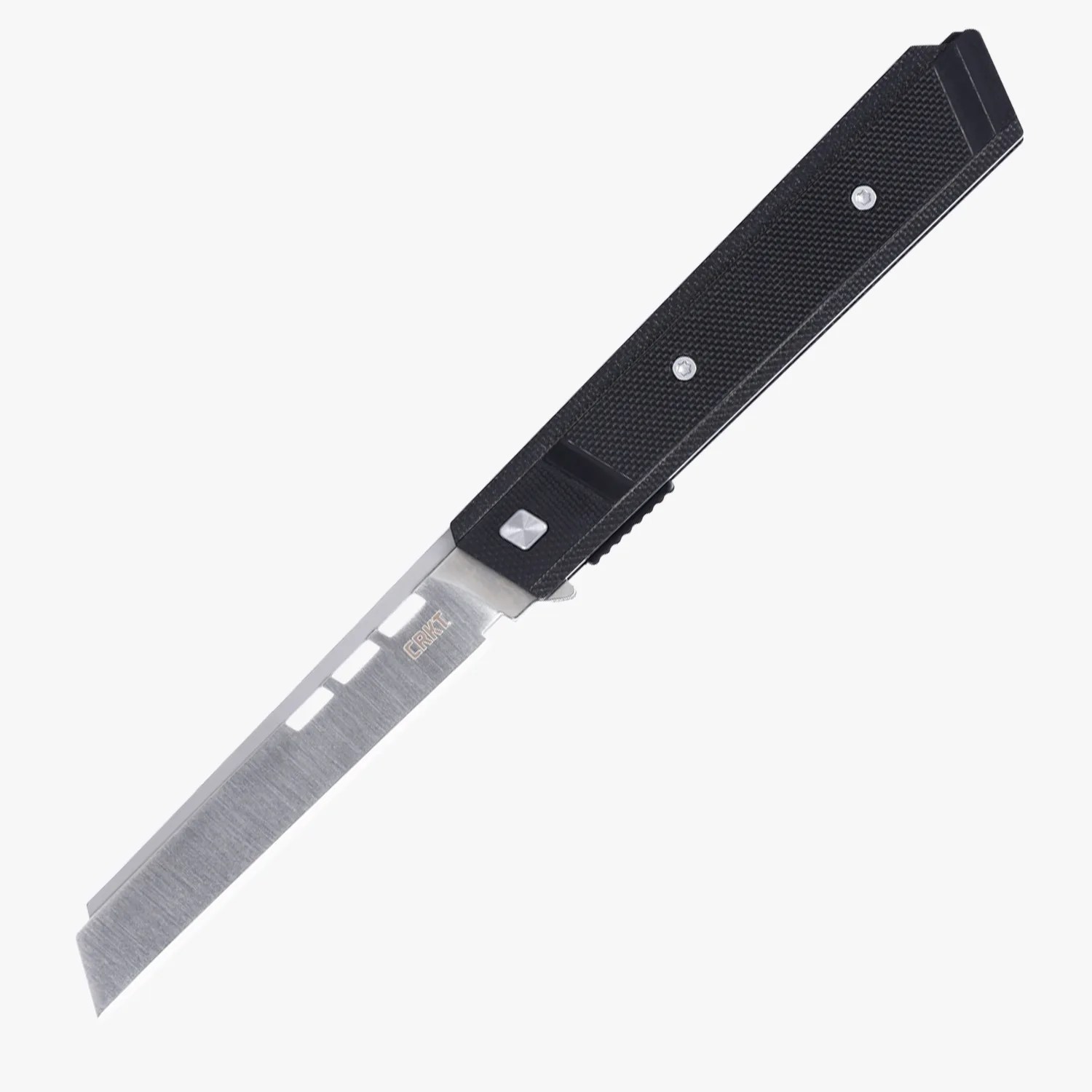 Folding utility knife with a black textured handle and a silver straight-edged blade marked "CRKT.