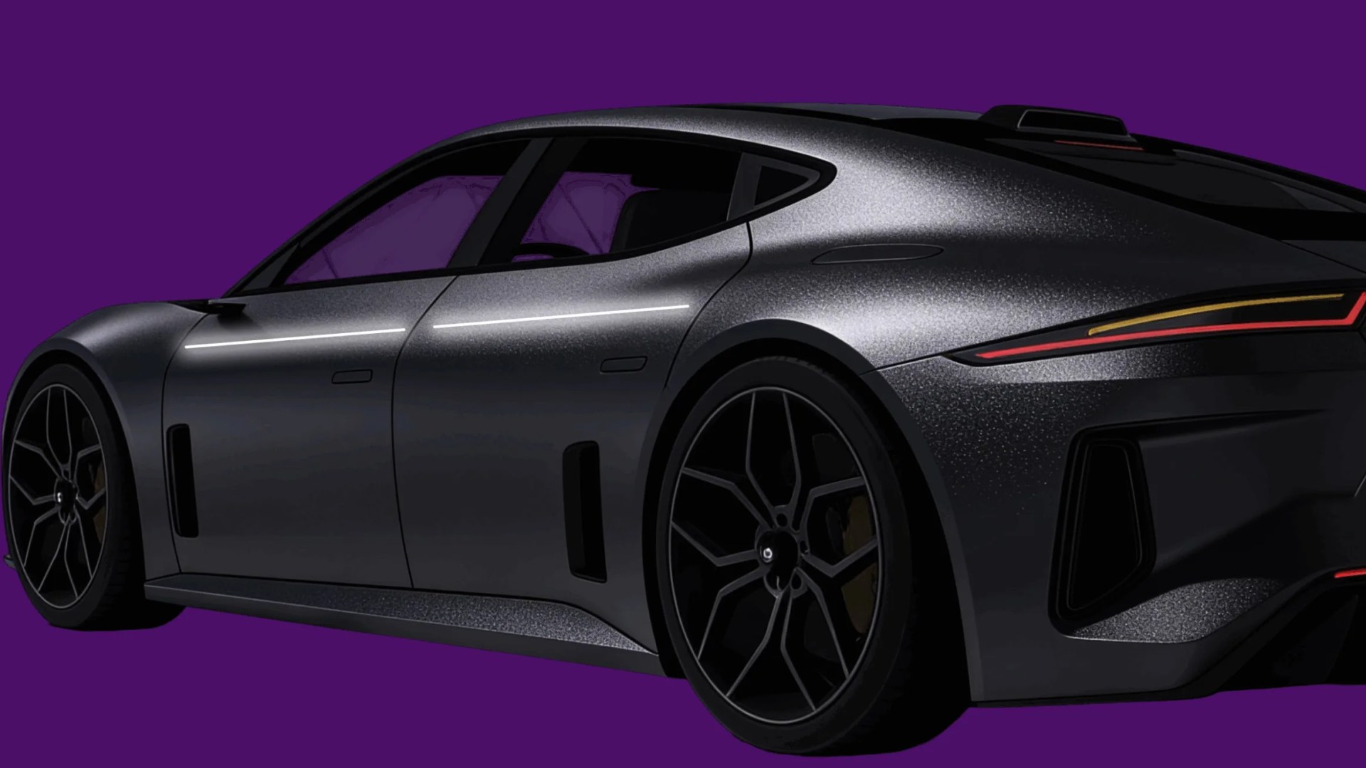Metallic dark gray sleek sports car with black rims against a purple background.