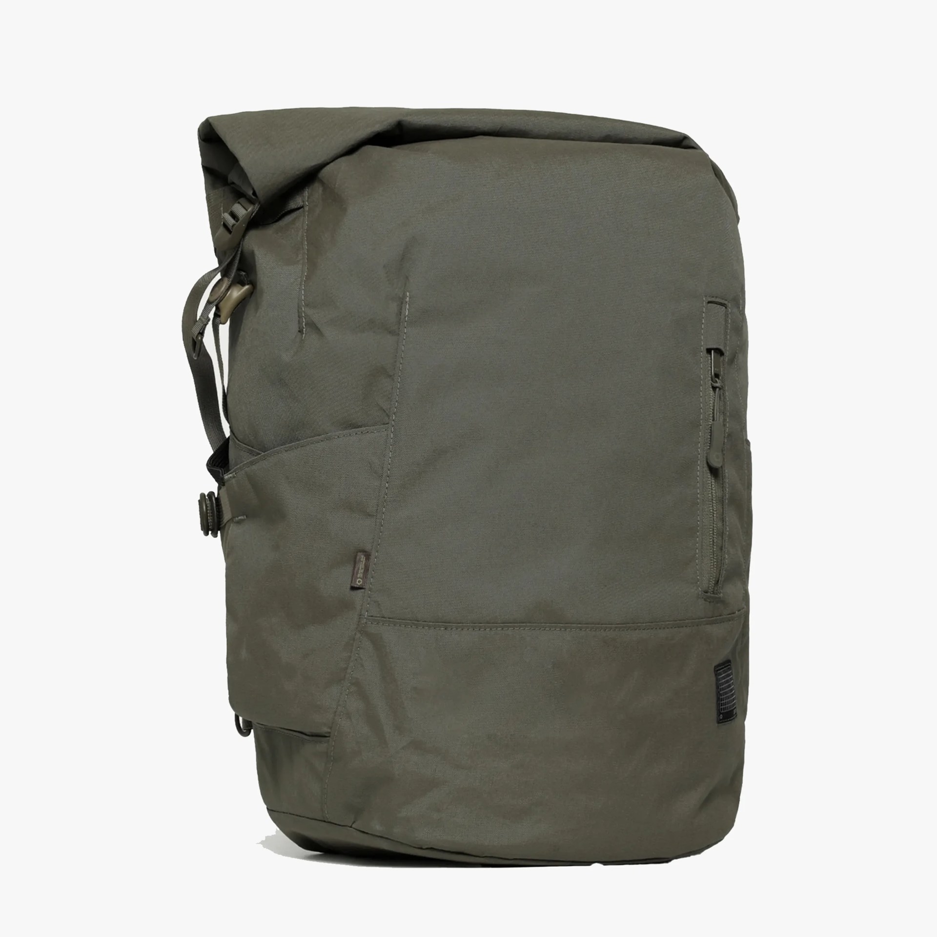 Olive green roll-top backpack with side zipper pocket and adjustable strap.