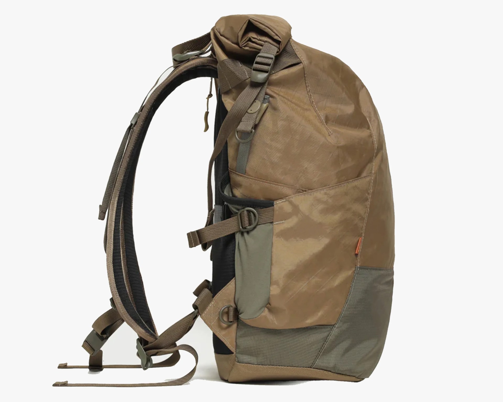 Brown and olive green roll-top backpack with adjustable straps and side pocket shown from the side.
