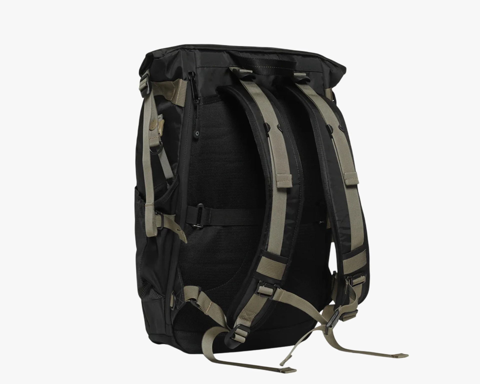 Black backpack with padded back panel and beige adjustable shoulder straps shown from the back.