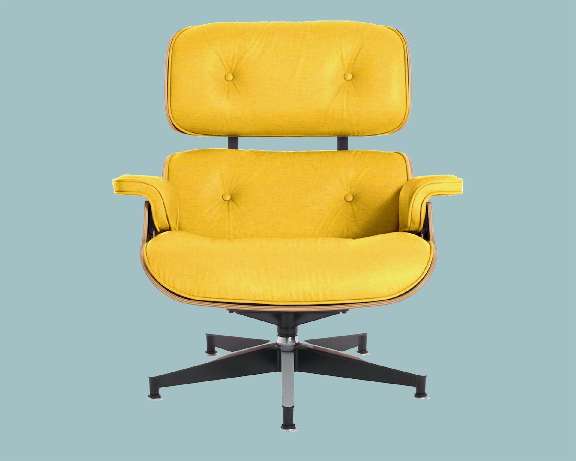 Yellow upholstered lounge chair with wooden frame and black metal swivel base on a blue background.