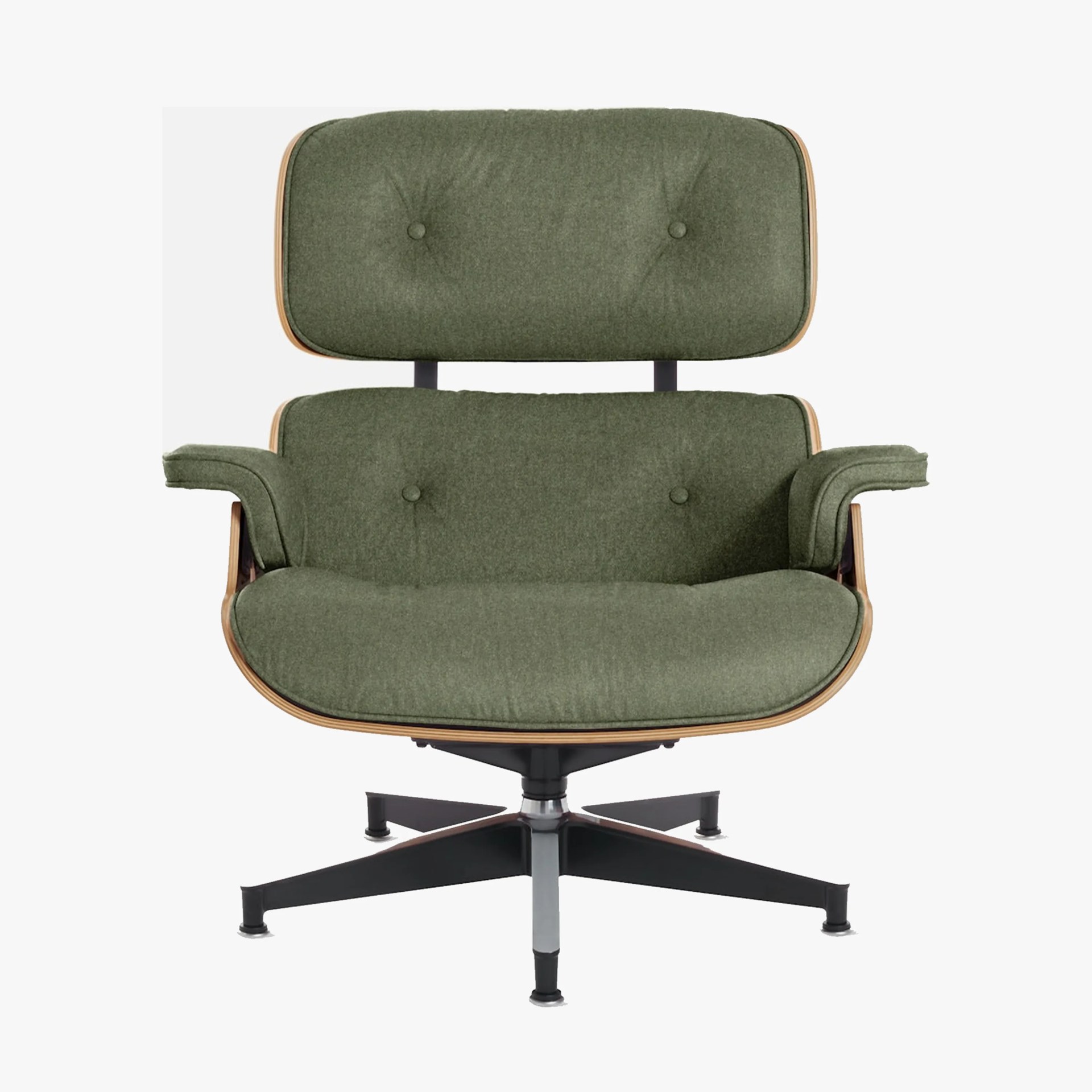 Mid-century modern lounge chair with olive green fabric upholstery and wooden frame on black metal swivel base.