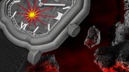 Close-up of a gray matte watch with a black textured strap and a dial featuring a red and yellow starburst design.