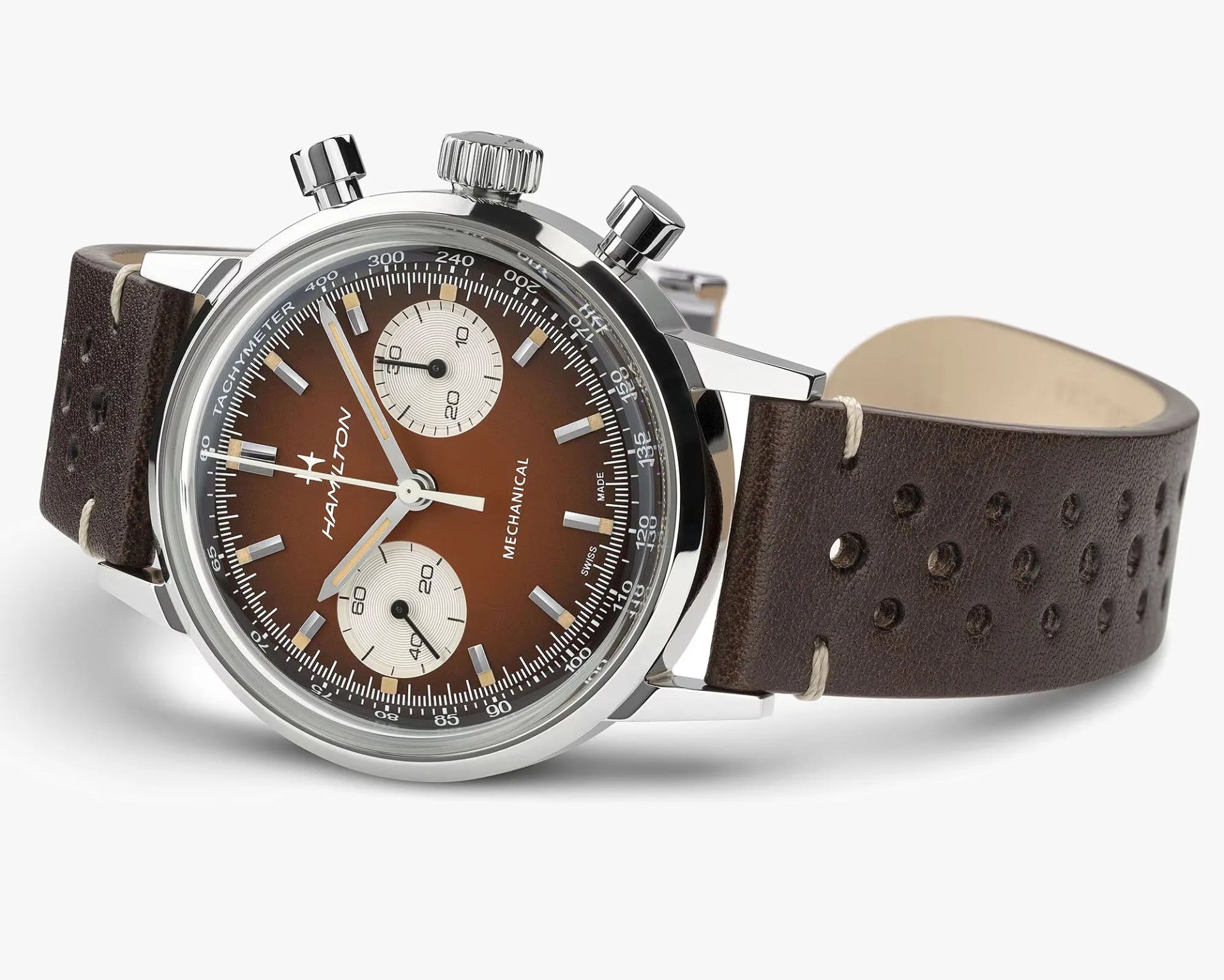 Silver Hamilton mechanical chronograph watch with brown gradient dial and perforated dark brown leather strap.