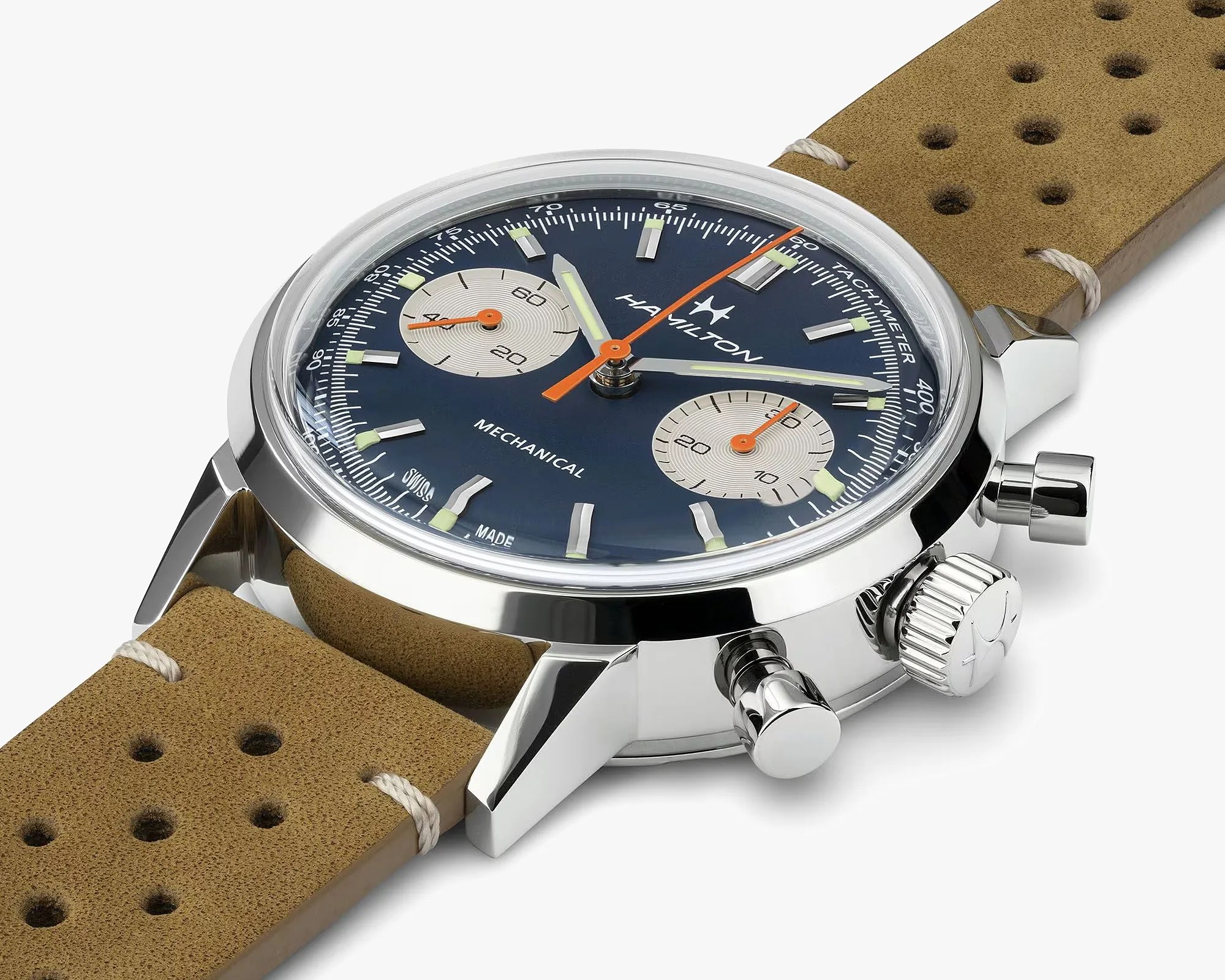 Hamilton mechanical chronograph watch with blue dial, orange hands, silver subdials, and perforated tan leather strap.
