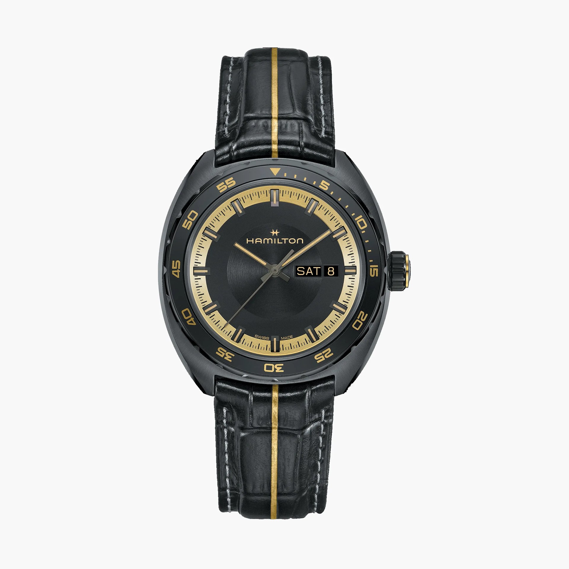 Black Hamilton wristwatch with gold accents, day-date display, and black leather strap with gold stripe.