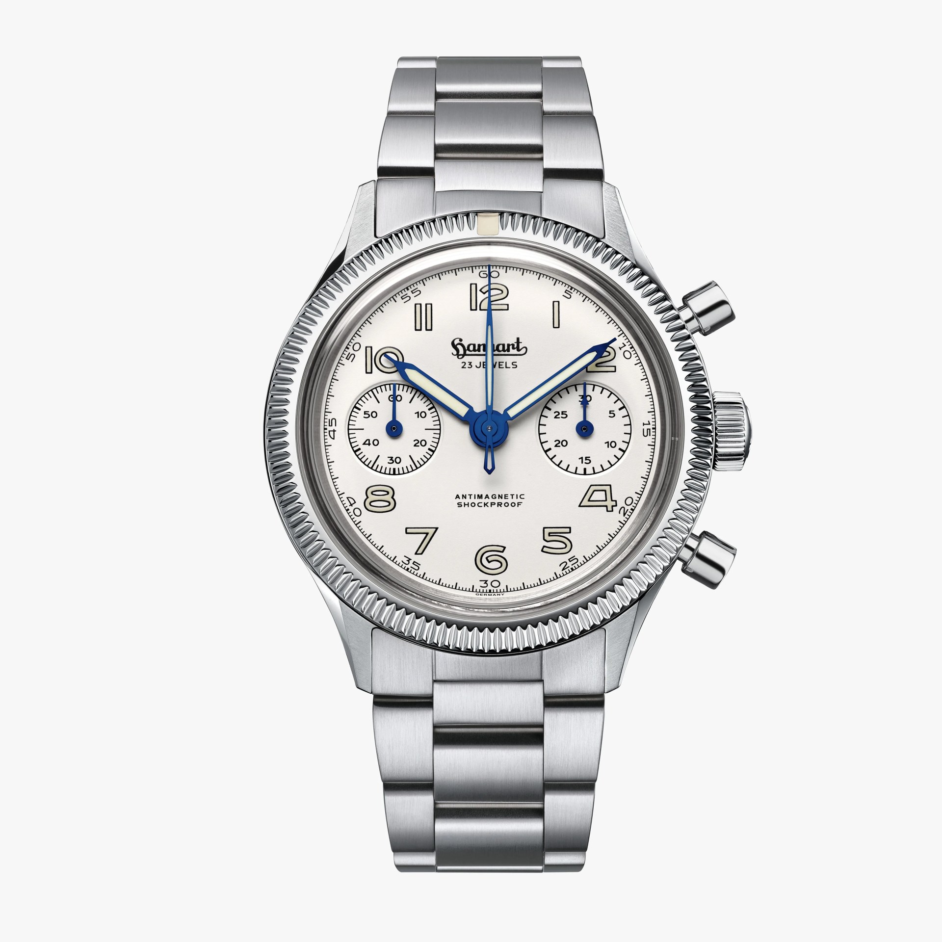 Silver stainless steel wristwatch with white dial, blue hands, two subdials, and a fluted bezel.