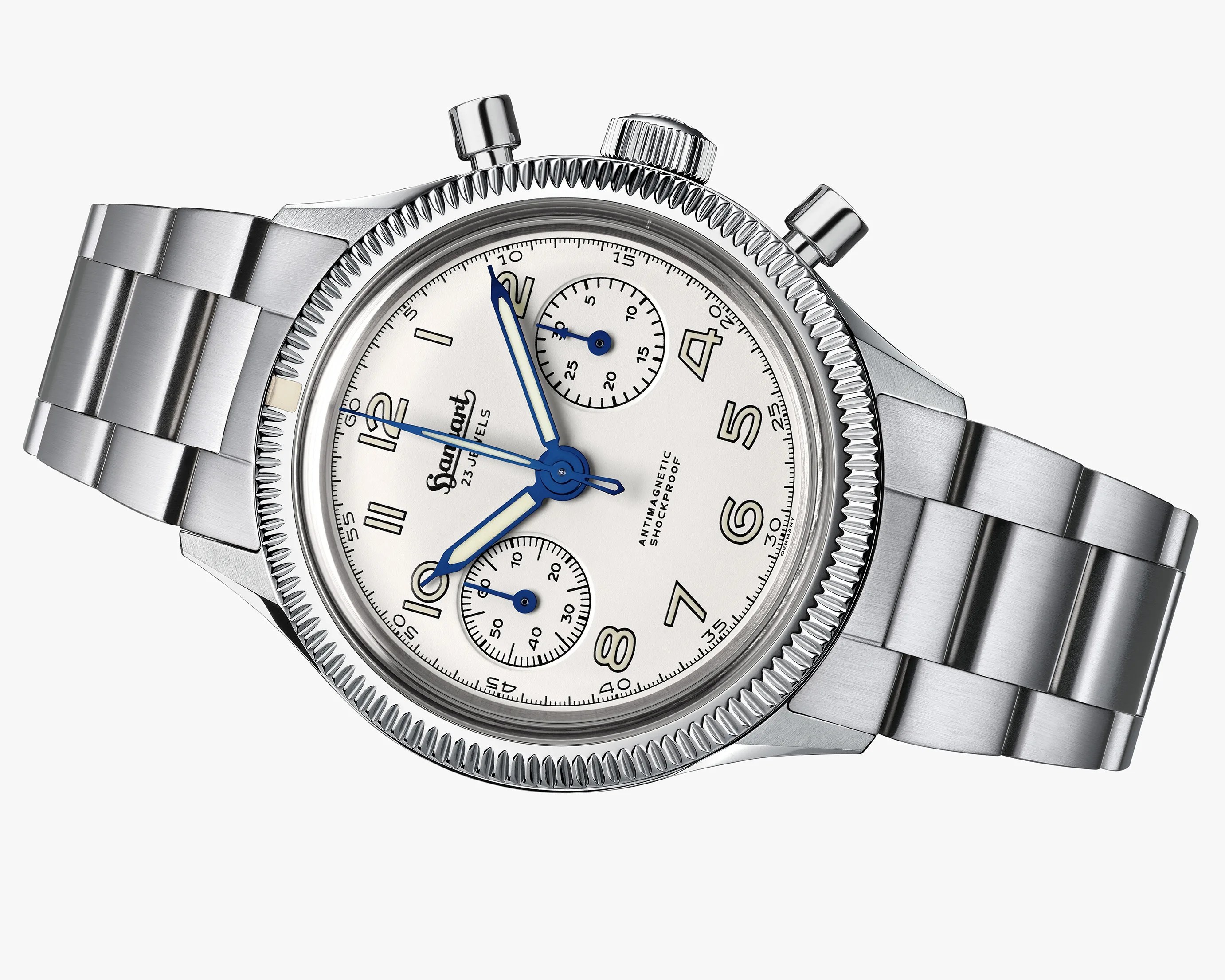 Silver stainless steel chronograph wristwatch with white dial and blue hands on a metal bracelet.