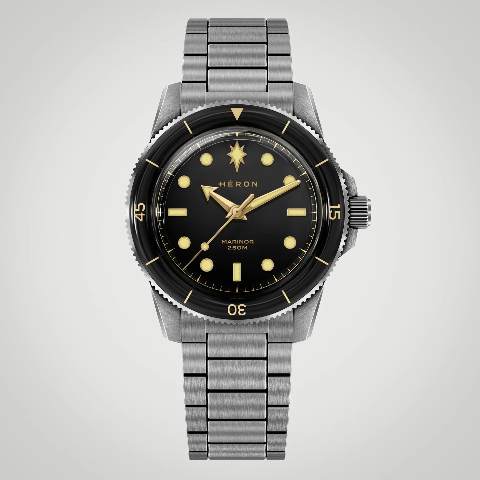 Silver metal bracelet watch with black dial, gold markers, and rotating bezel marked 15, 30, and 45.