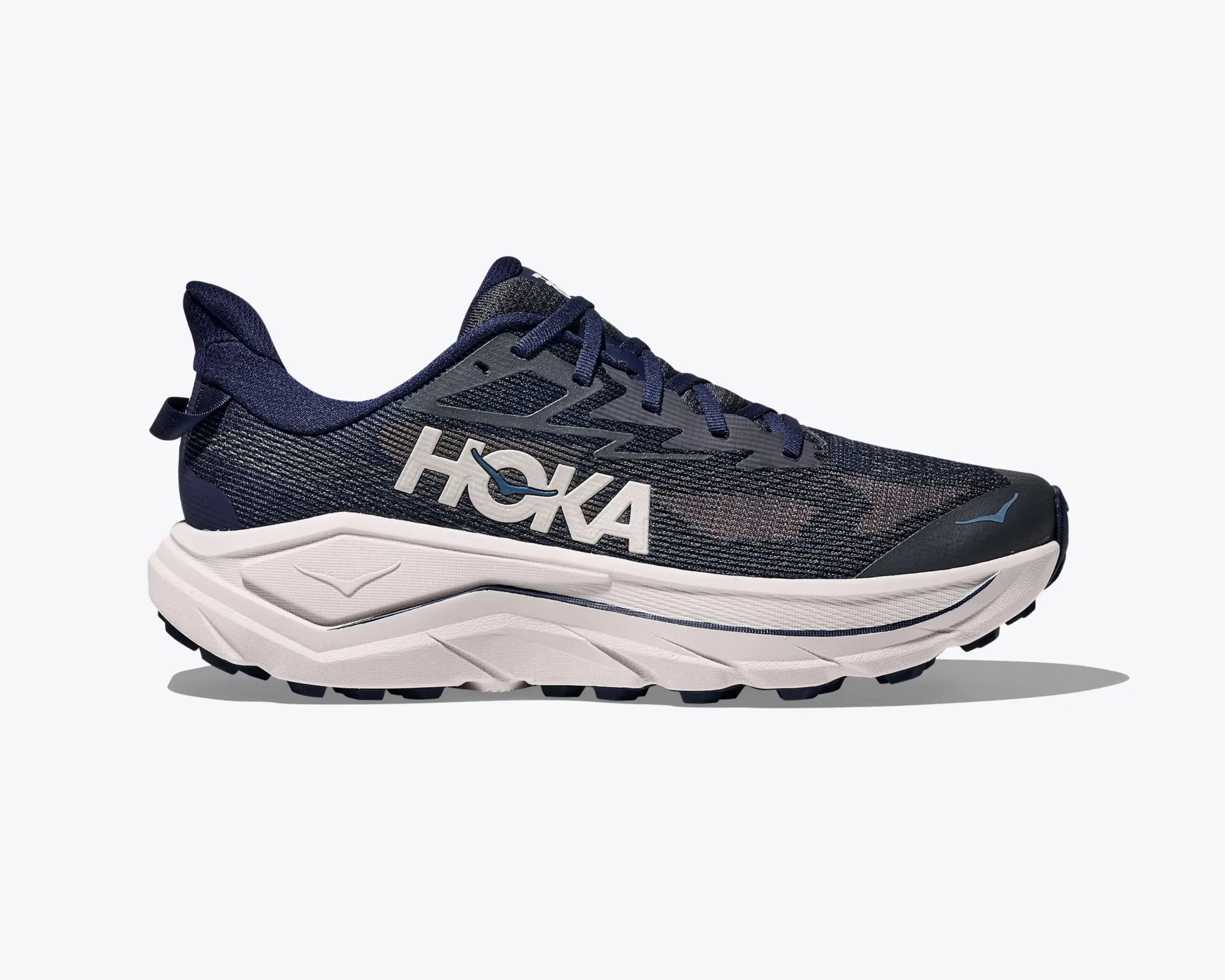 Navy blue HOKA running shoe with white thick sole and mesh upper.