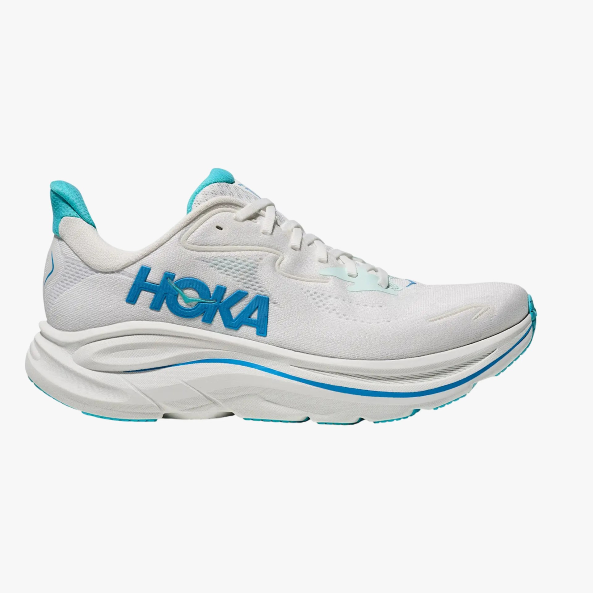 White and blue HOKA running shoe with thick cushioned sole and mesh upper.