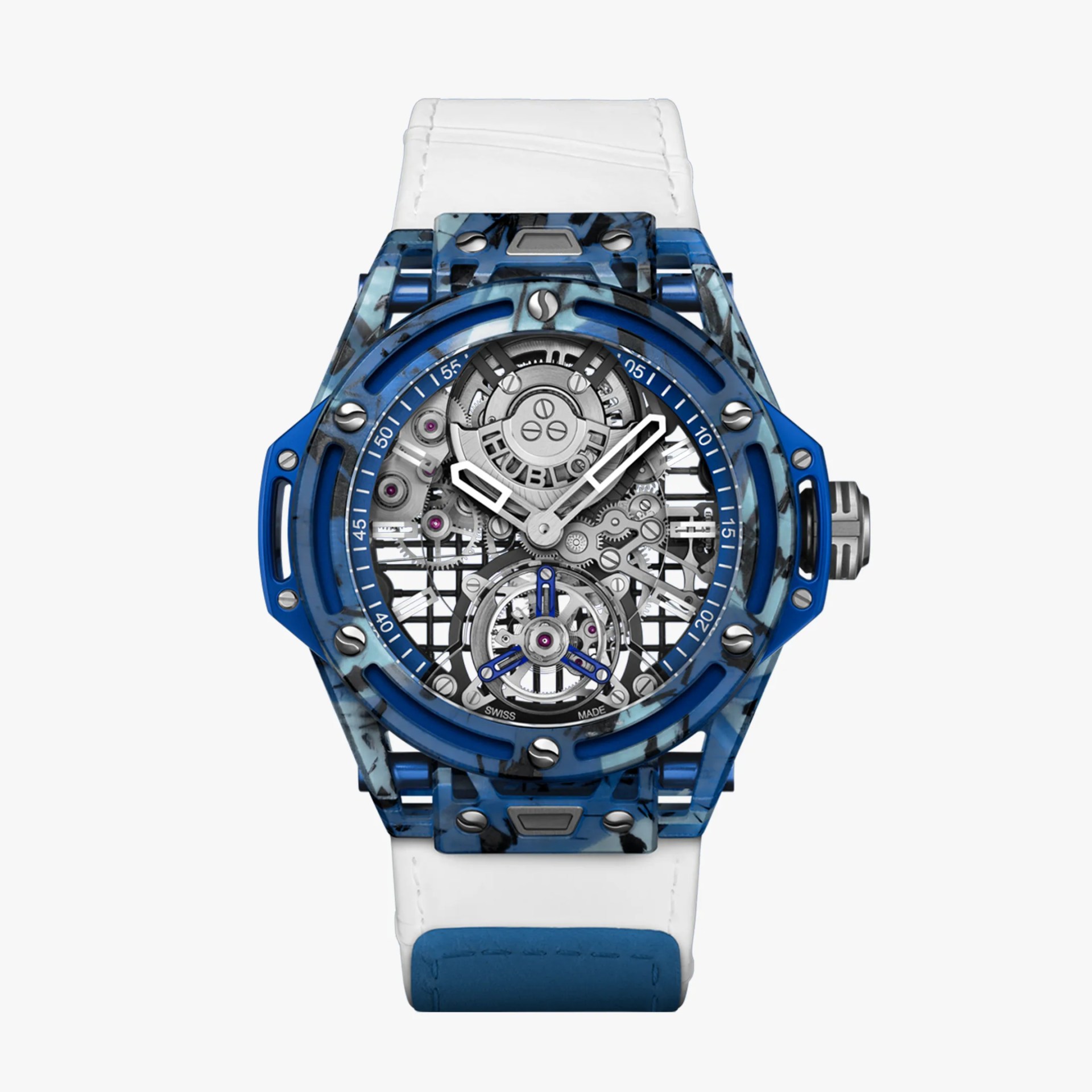 Blue and black marbled transparent watch case with visible mechanical gears and white strap.