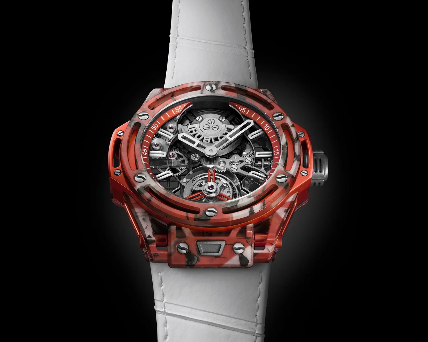 Transparent red and black patterned watch case with visible mechanical gears and white strap.