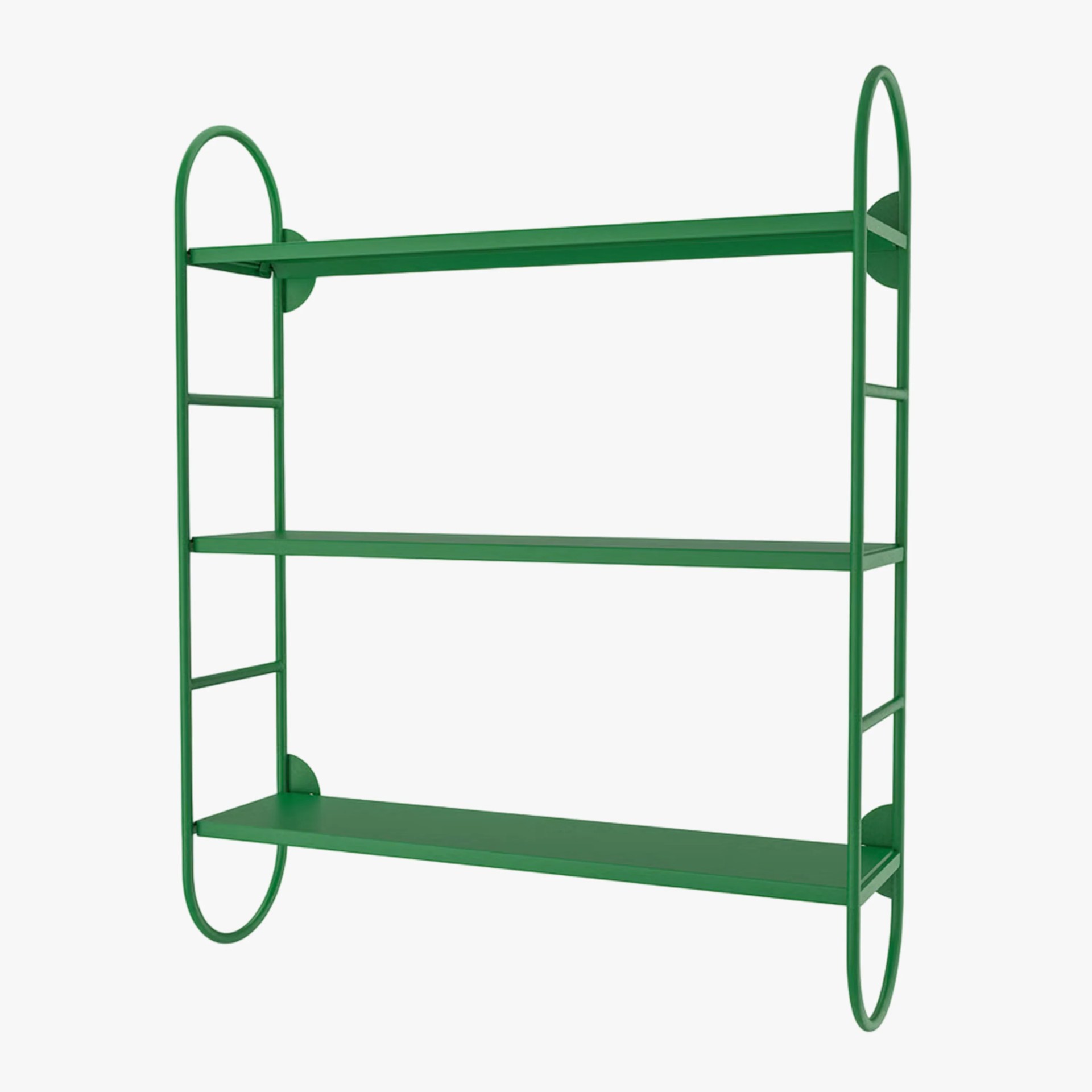 Green metal wall-mounted shelf unit with three flat rectangular shelves and rounded vertical side frames.