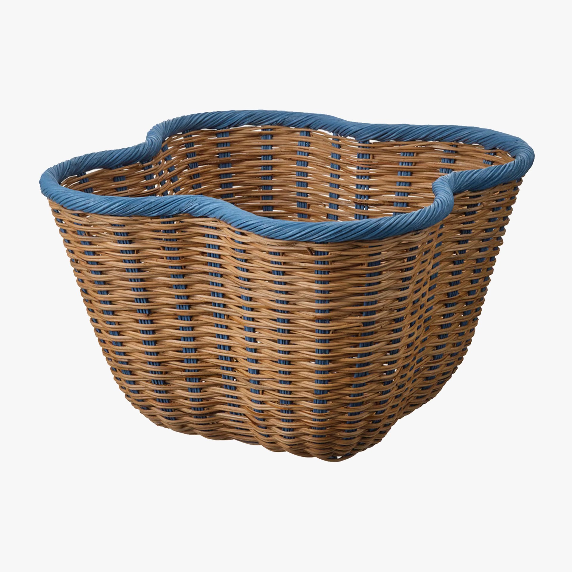 Woven wicker basket with blue accents and a scalloped rim.