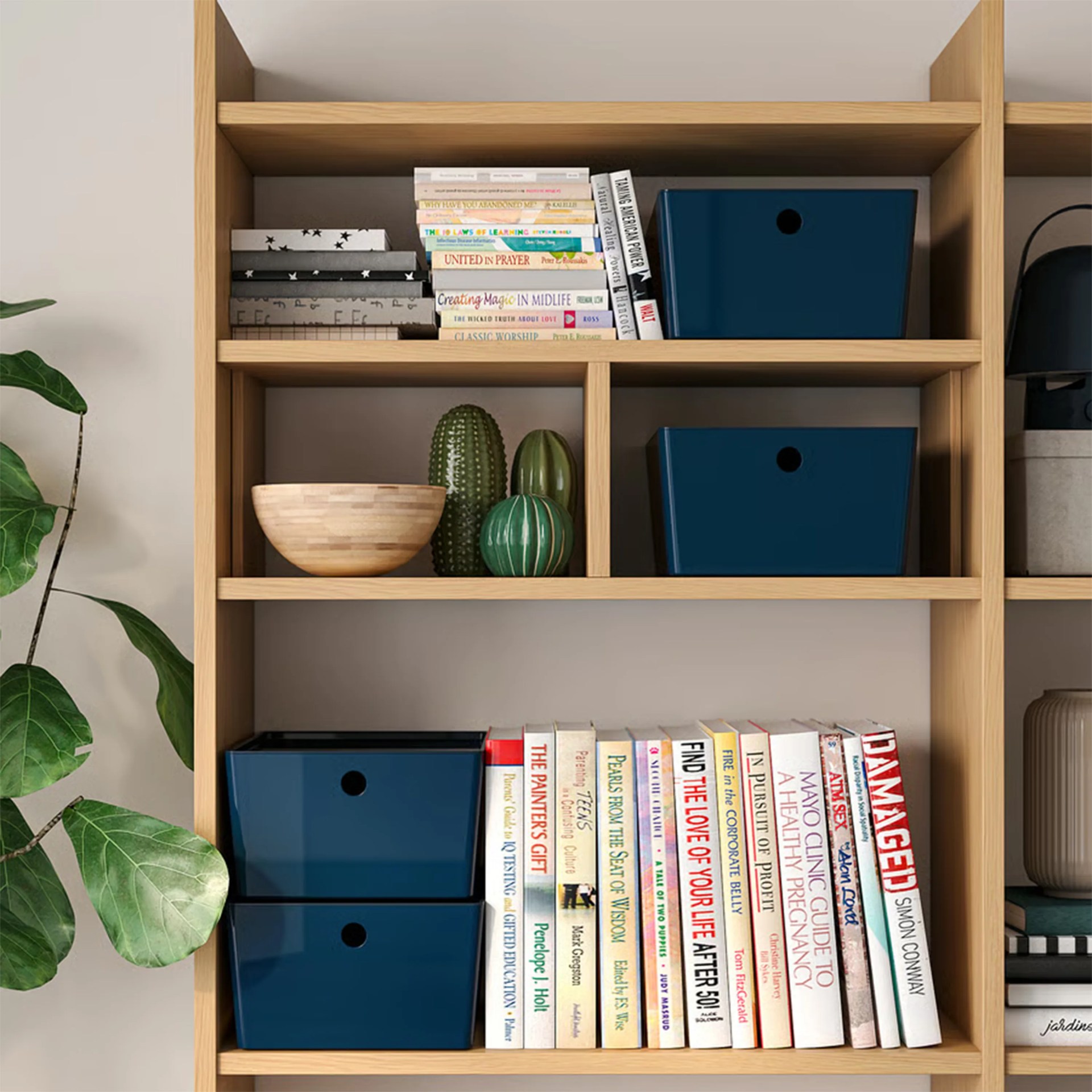 Light wood bookshelf with blue storage bins, books, decorative wooden bowl, and ceramic cactus figurines.