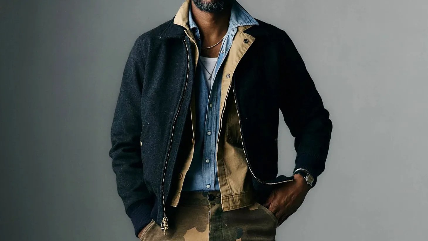 Man wearing layered jackets including a black zip-up jacket, tan jacket, and blue button-up shirt with camouflage pants.