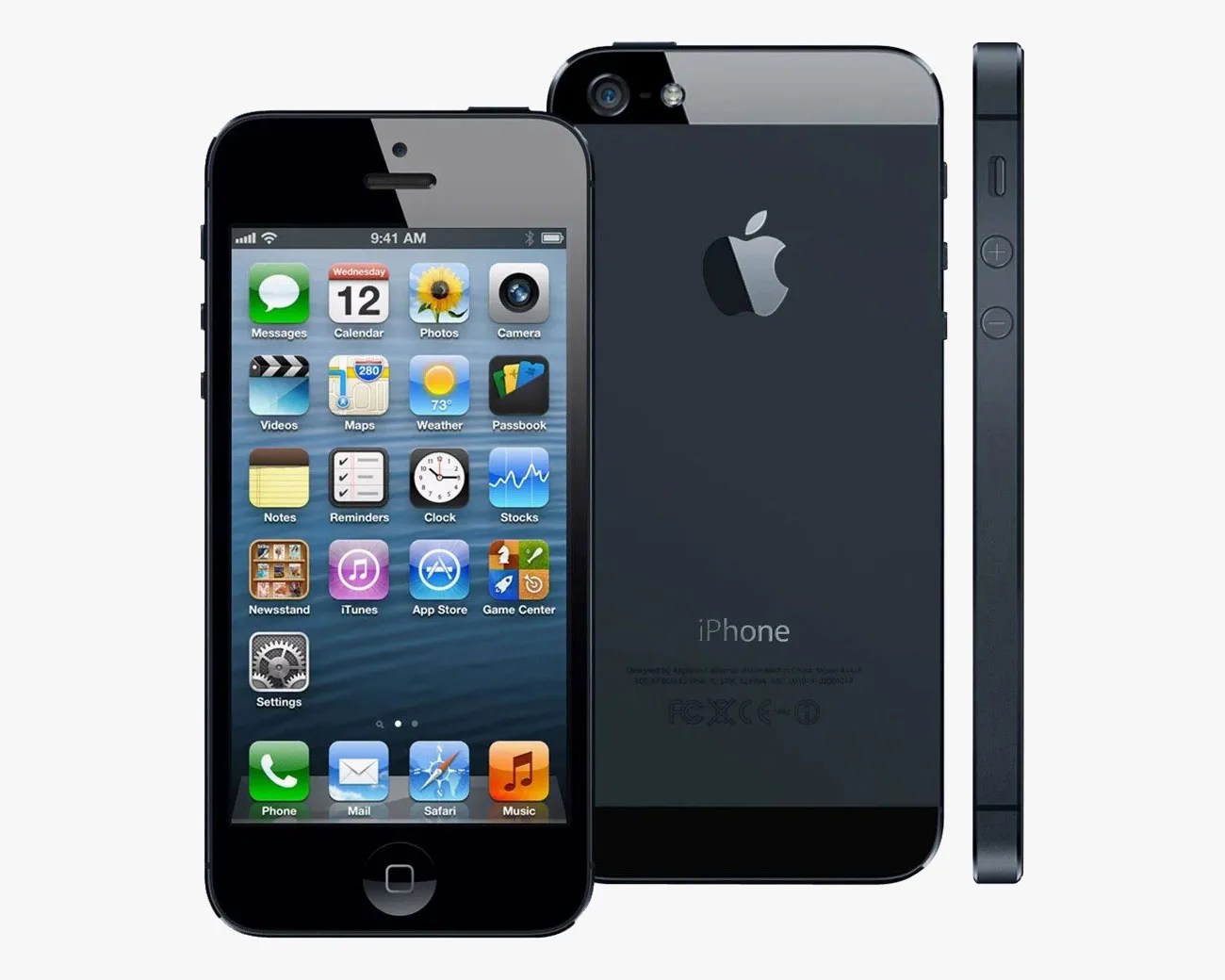 Black iPhone 5 shown from front, back, and side with app icons on the screen.