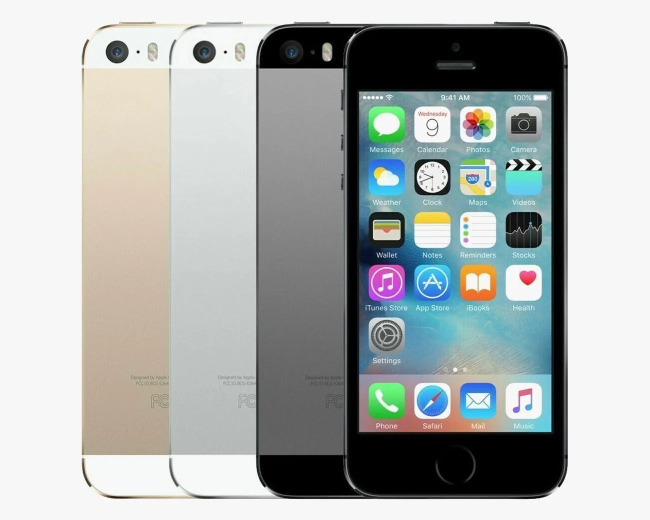 Four iPhone SE models in gold, silver, space gray, and black, with the black one showing the home screen.