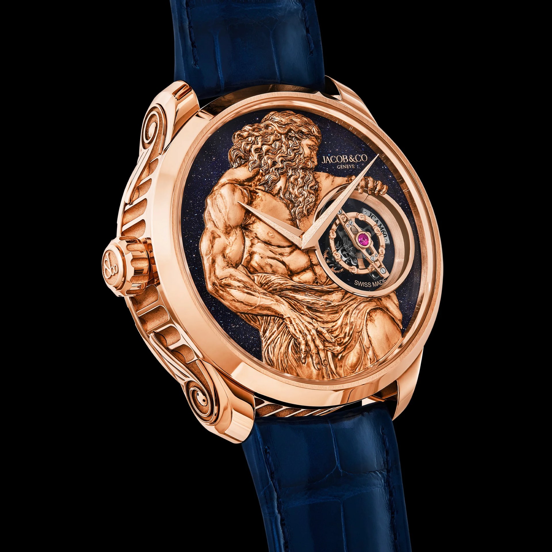 Rose gold Jacob & Co. wristwatch with a sculpted muscular figure on the dial and a blue leather strap.