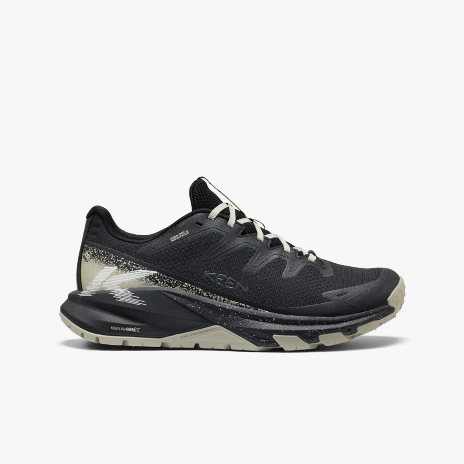 Black and beige low-top athletic shoe with white laces and textured sole.