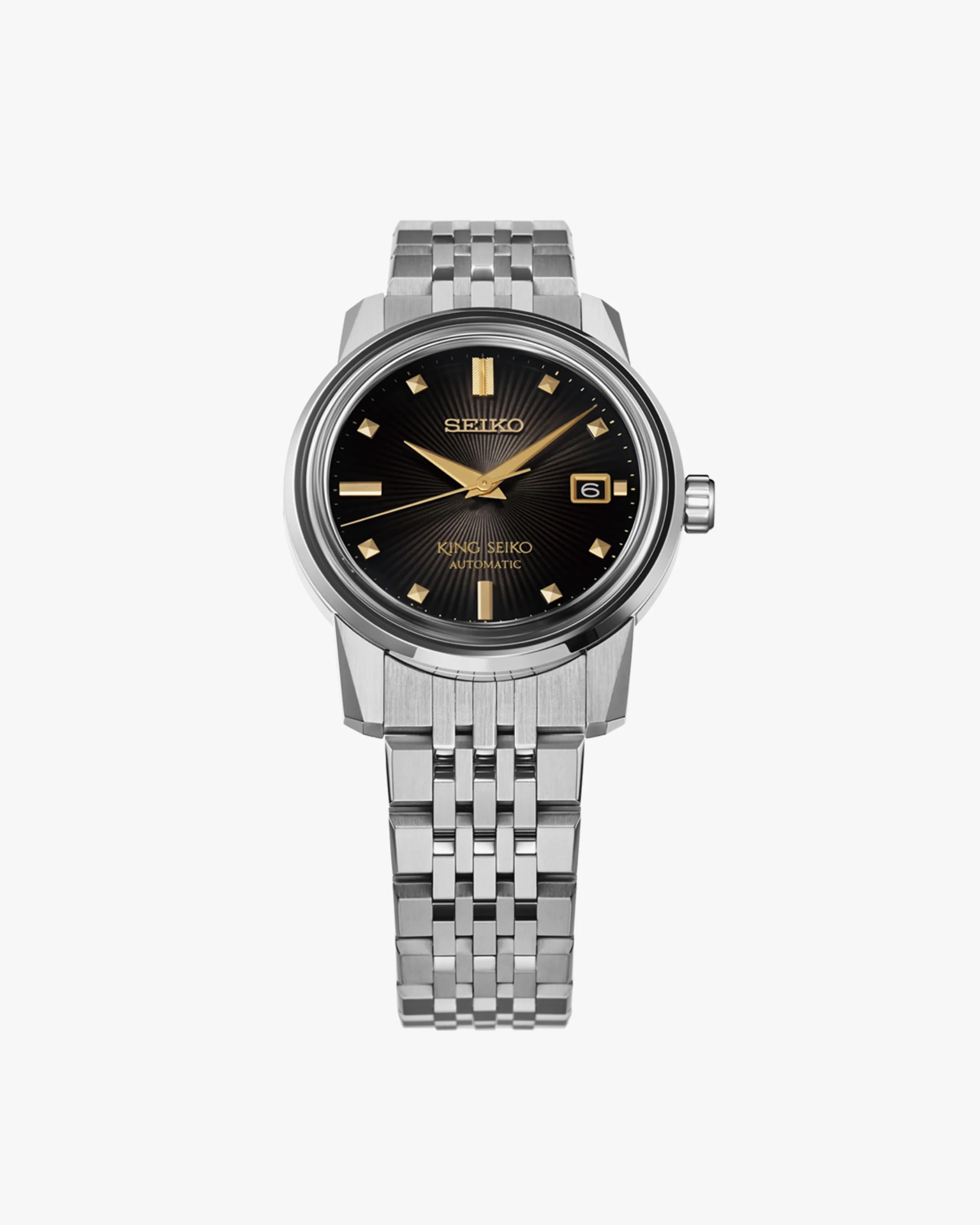 Silver metal bracelet watch with black dial, gold markers, and date display at 3 o'clock.
