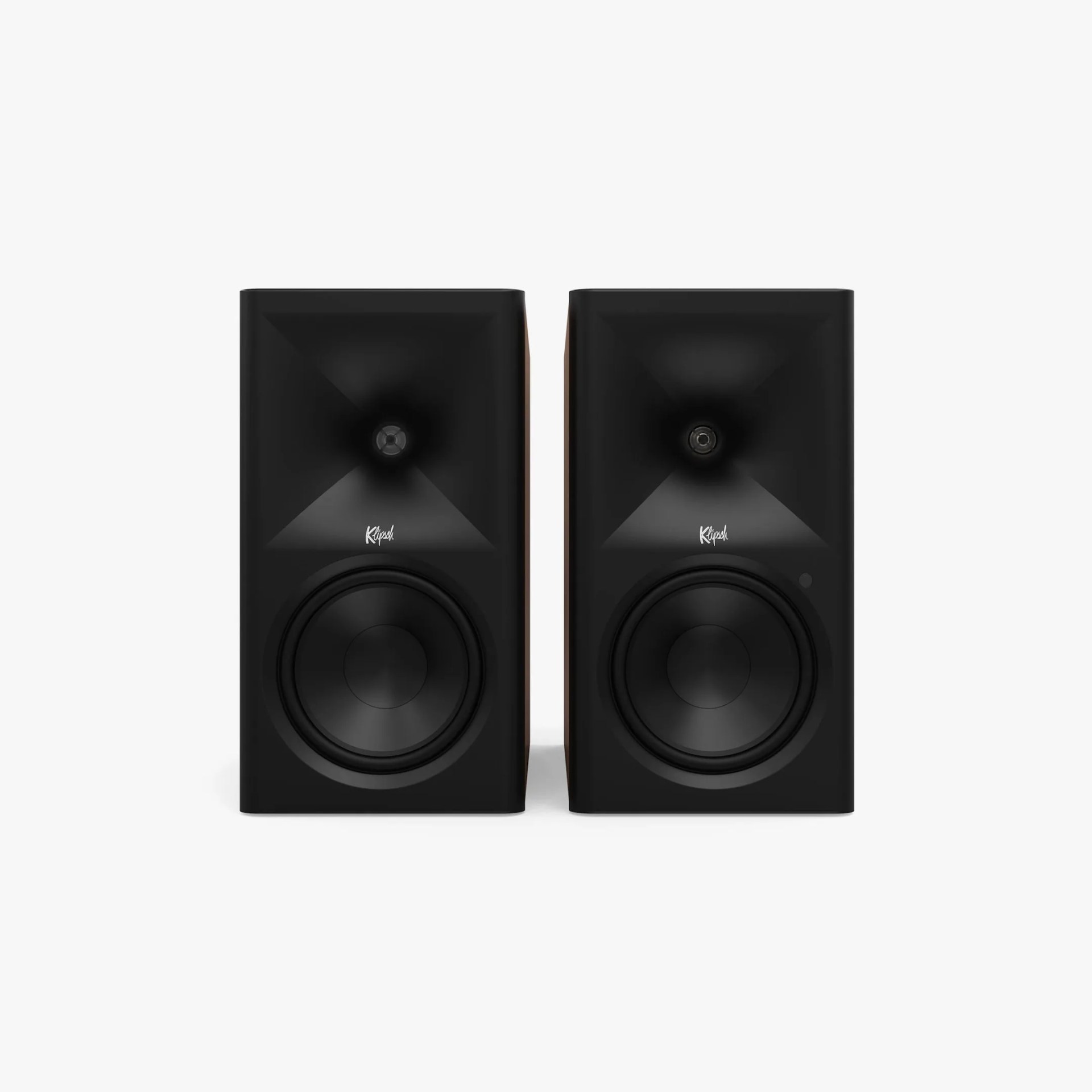 Pair of black Klipsch bookshelf speakers with horn-loaded tweeters and large woofers.