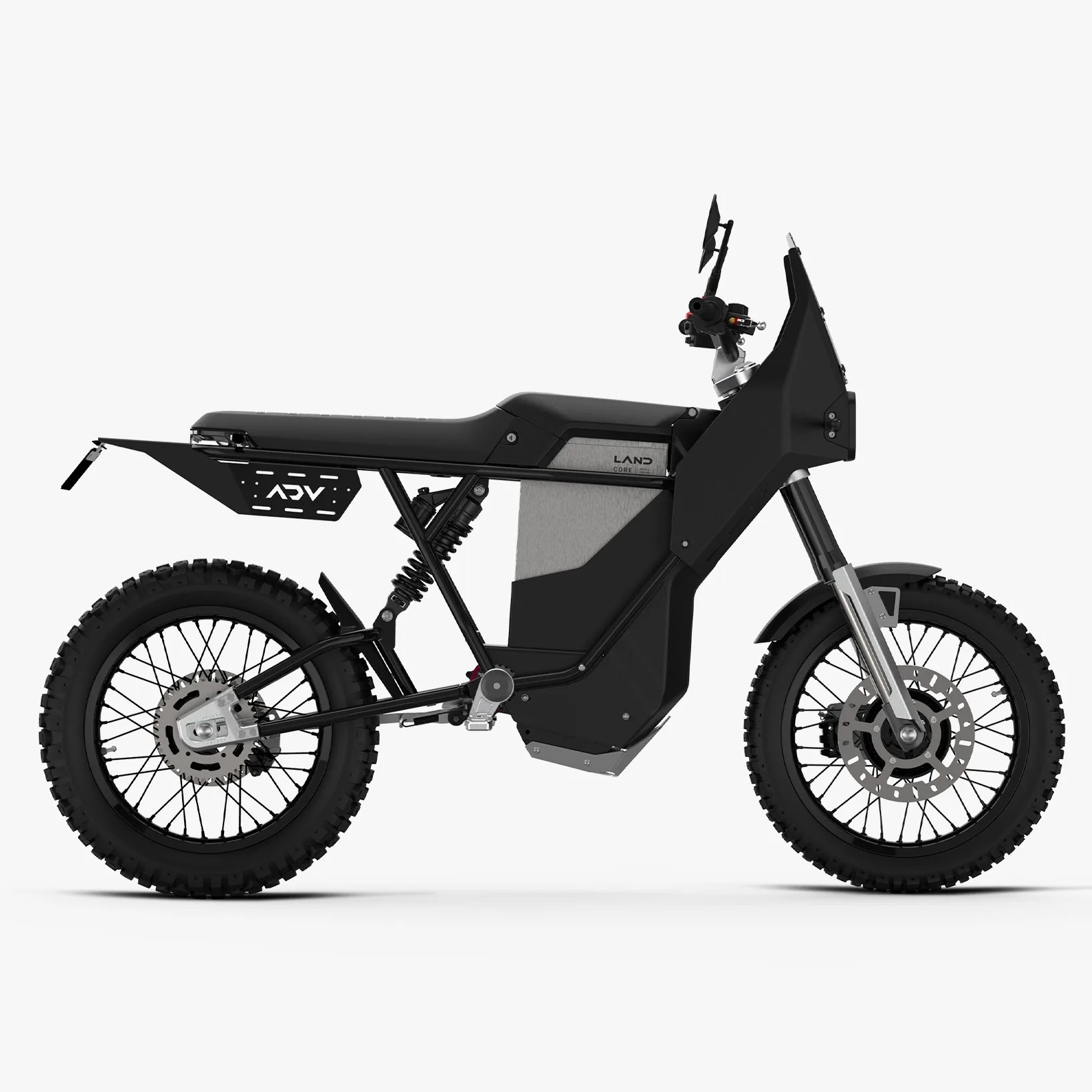 Black and gray electric off-road motorcycle with knobby tires and minimalist frame against a white background.