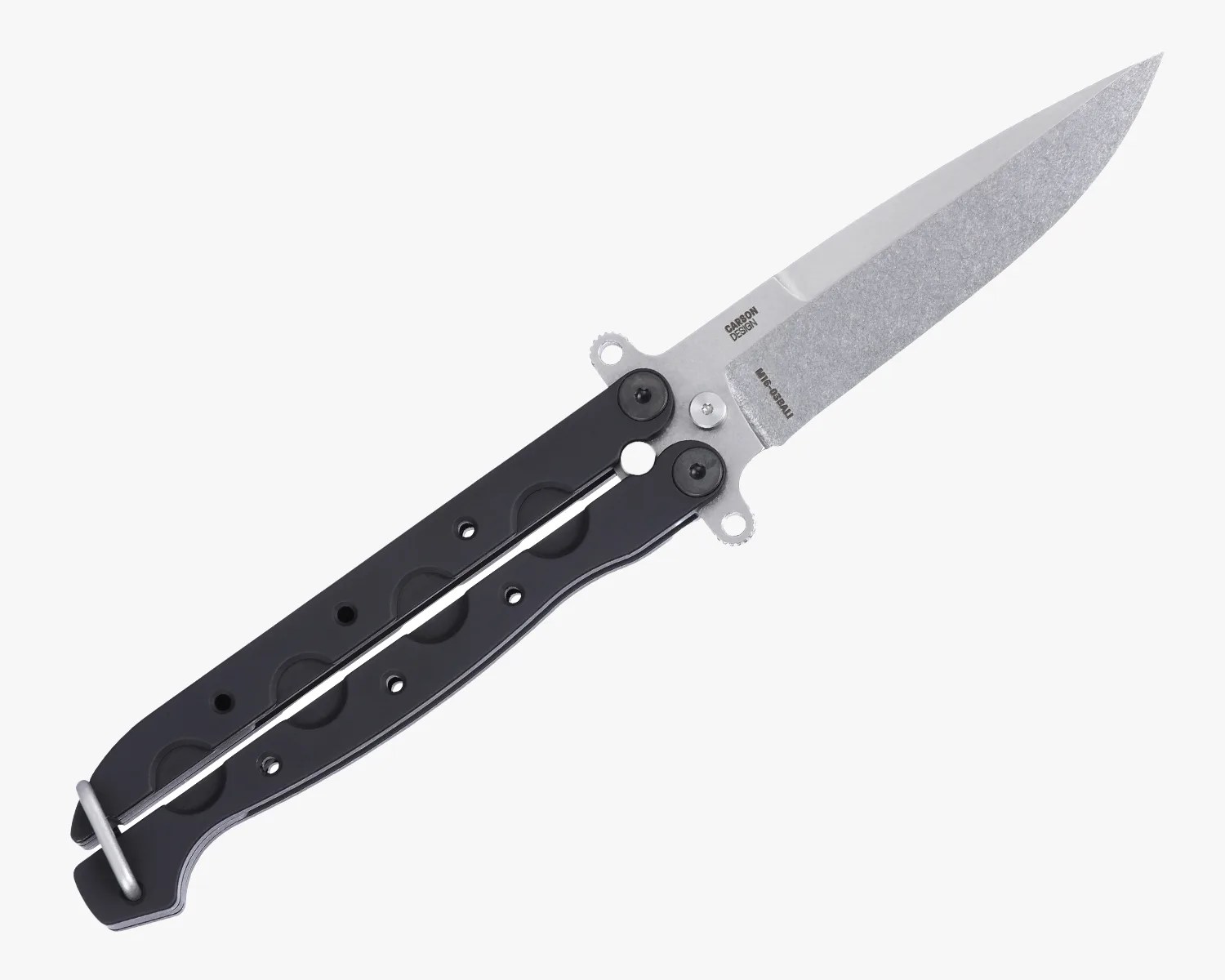 Butterfly knife with a stonewashed silver blade and black handles on a white background.