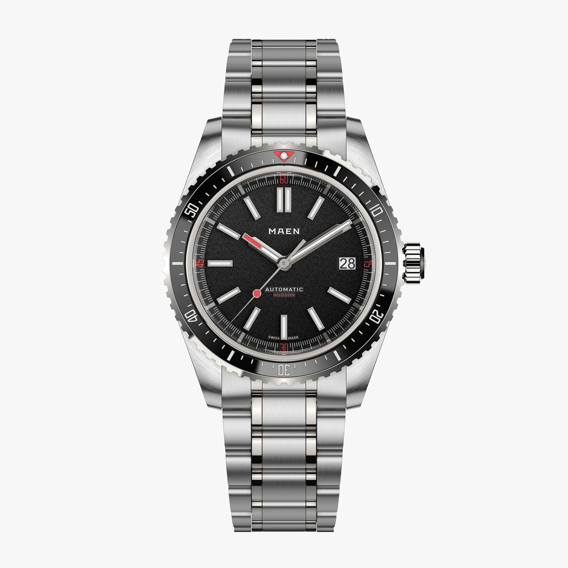 Stainless steel wristwatch with black textured dial, silver hour markers, red accents, and date display at 3 o'clock.