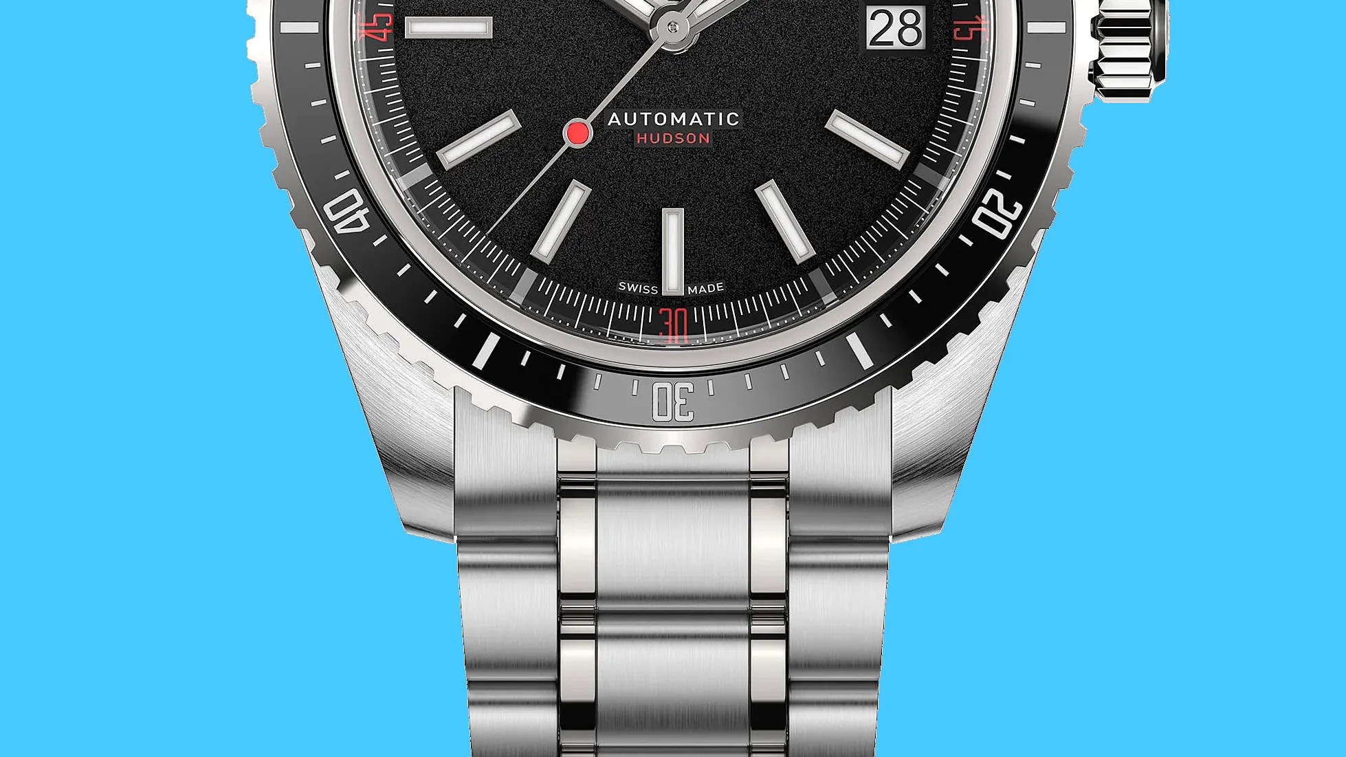 Close-up of a stainless steel automatic wristwatch with a black textured dial, date window, and rotating bezel.