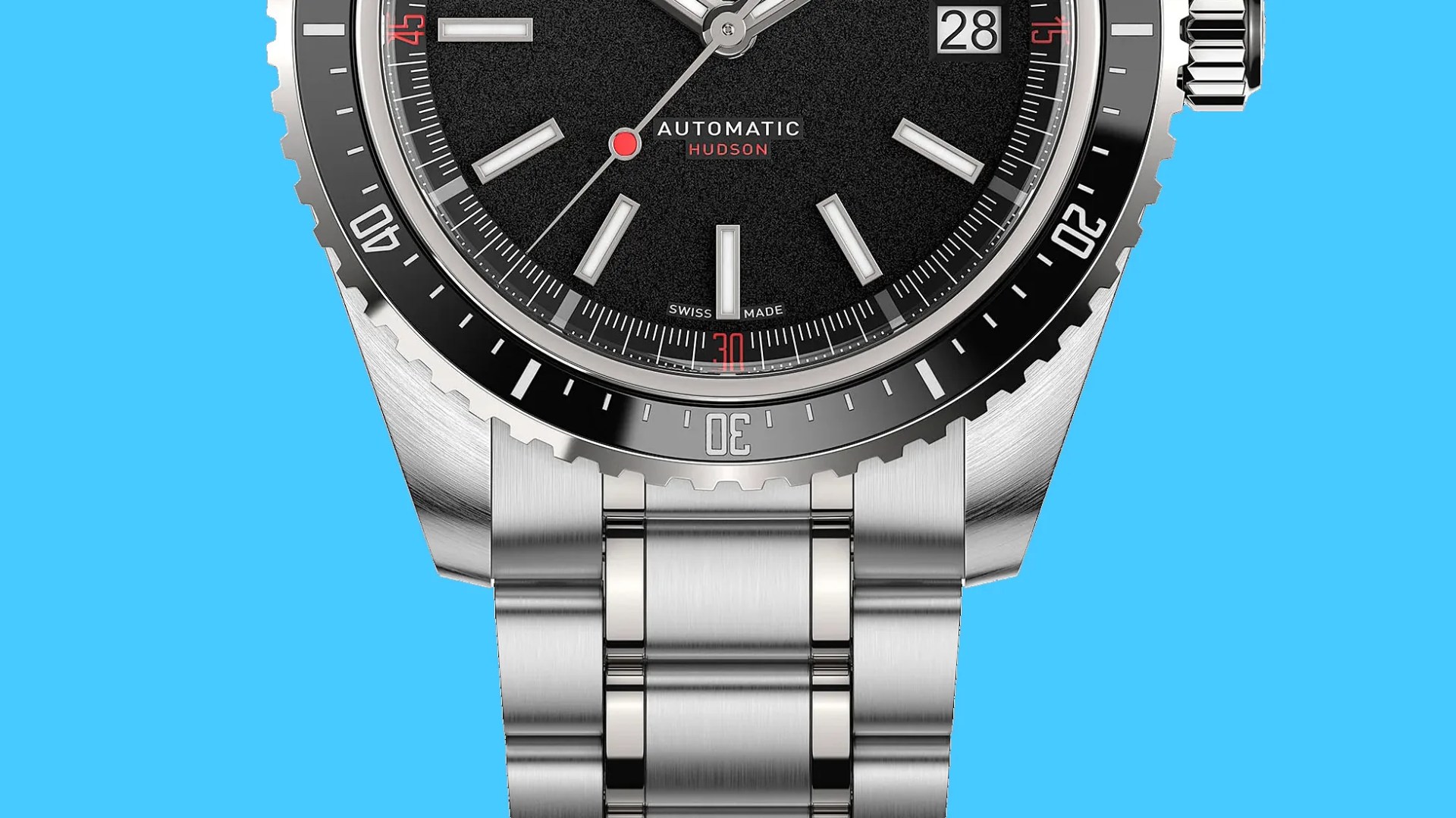 Close-up of a stainless steel automatic wristwatch with a black textured dial, date window, and rotating bezel.
