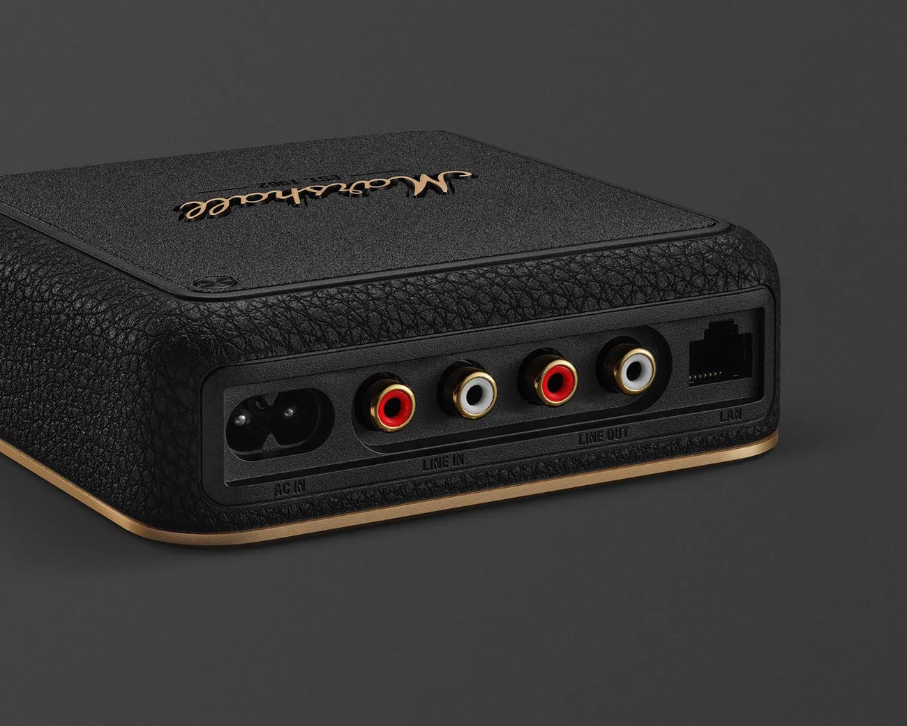 Black rectangular audio device with textured leather finish, gold trim, RCA input/output ports, AC power input, and LAN port.