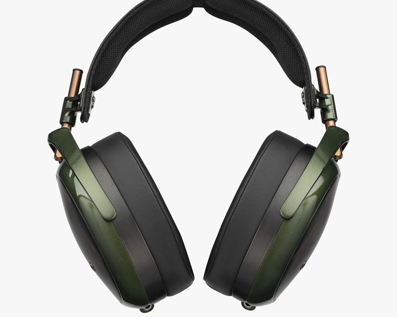 Over-ear headphones with dark green metallic ear cups, black cushioned pads, and a black padded headband.